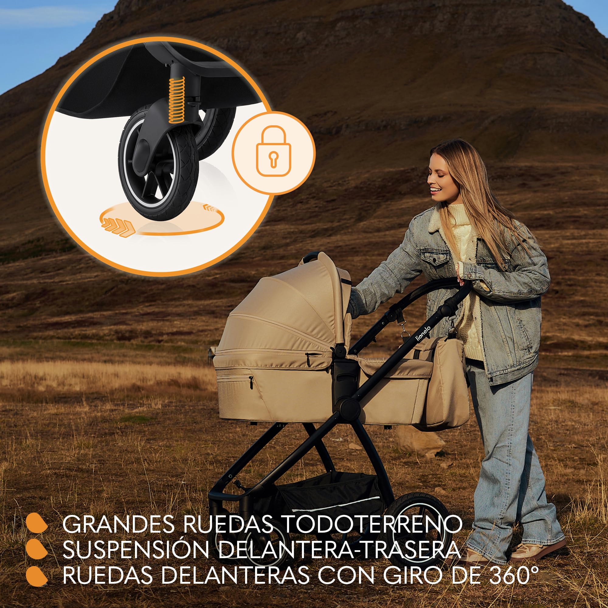 LIONELO MERIL 3 en 1 Cochecito de Bebé Multiusos 0-48 Meses Hasta 22 kg, Capazo hasta 9 kg, Silla de Coche Hasta 13 kg, Ruedas Todoterreno 360°, Suepensión Total, Capota XXL UPF50+ (Black)