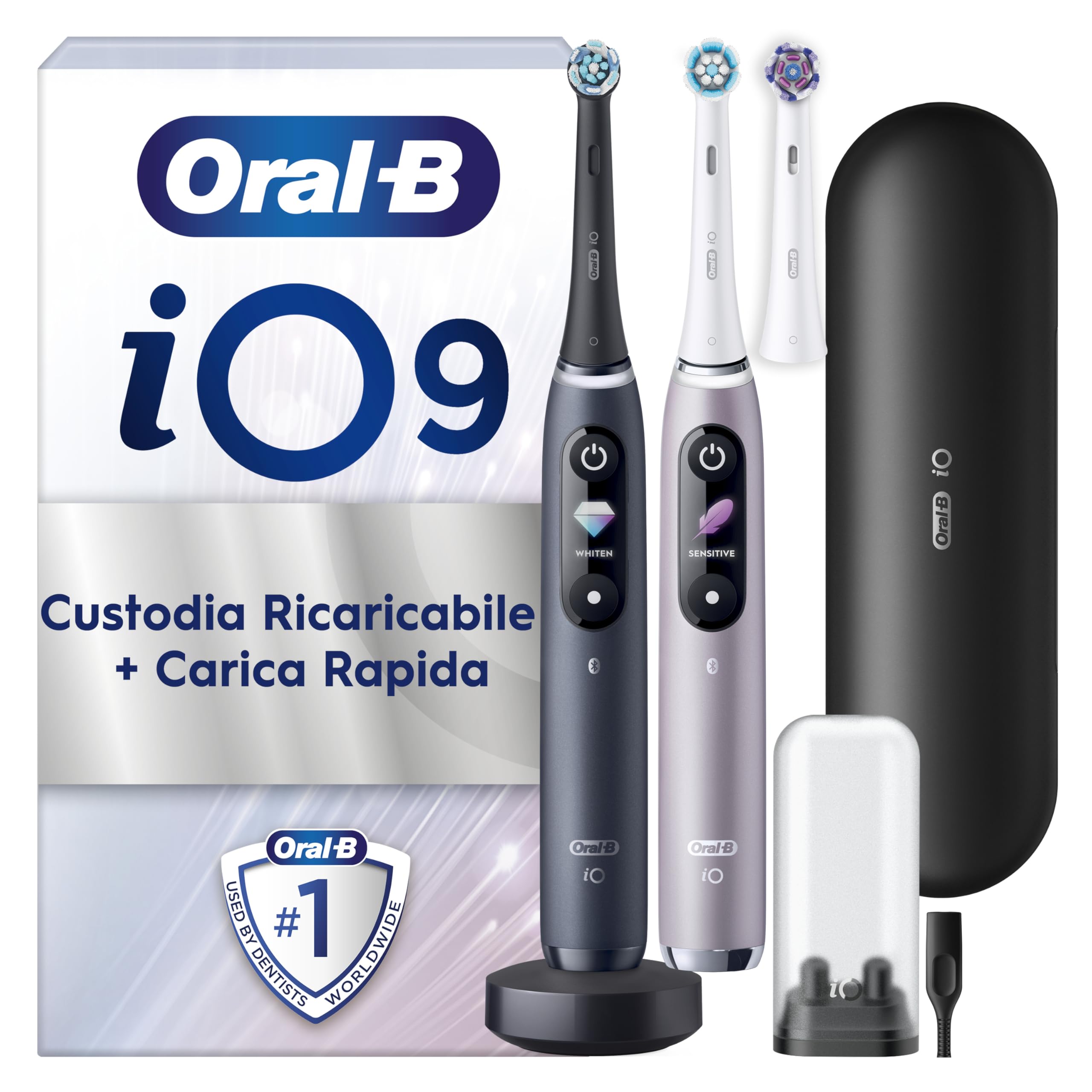 Oral-B iO 9, 2 Spazzolini Elettrici, 3 Testine di Ricambio, Custodia, Nero/Rosa - 3 Testina di Ricambio per Spazzolino Elettrico, Ricaricabile, Custodia da Viaggio Ricaricabile, Pulizia Denti