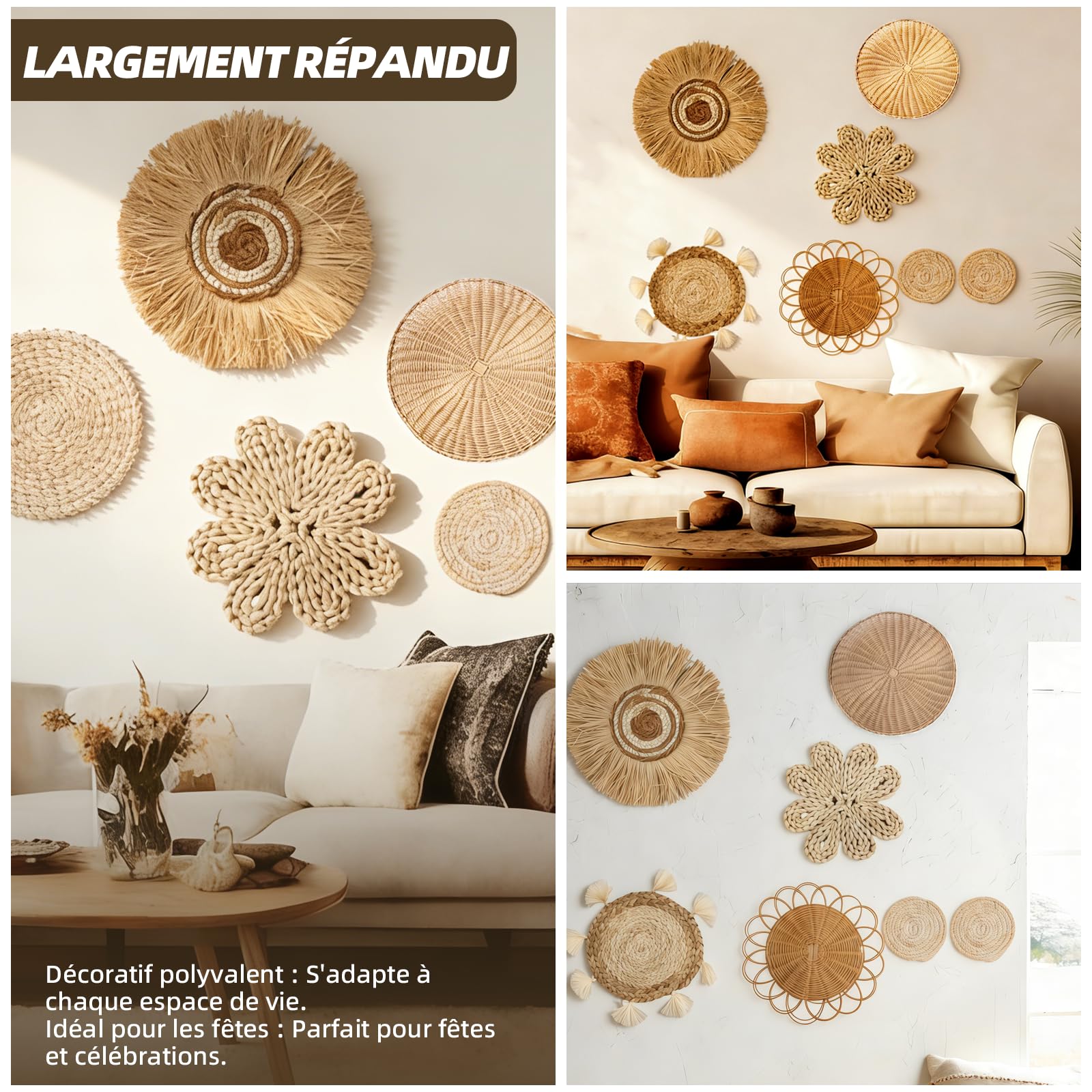 CeyKvo Ensemble de 7 paniers muraux de style bohème, décoration murale en osier d'algues marines, décoration murale ronde, idéal pour le salon, la chambre, etc.