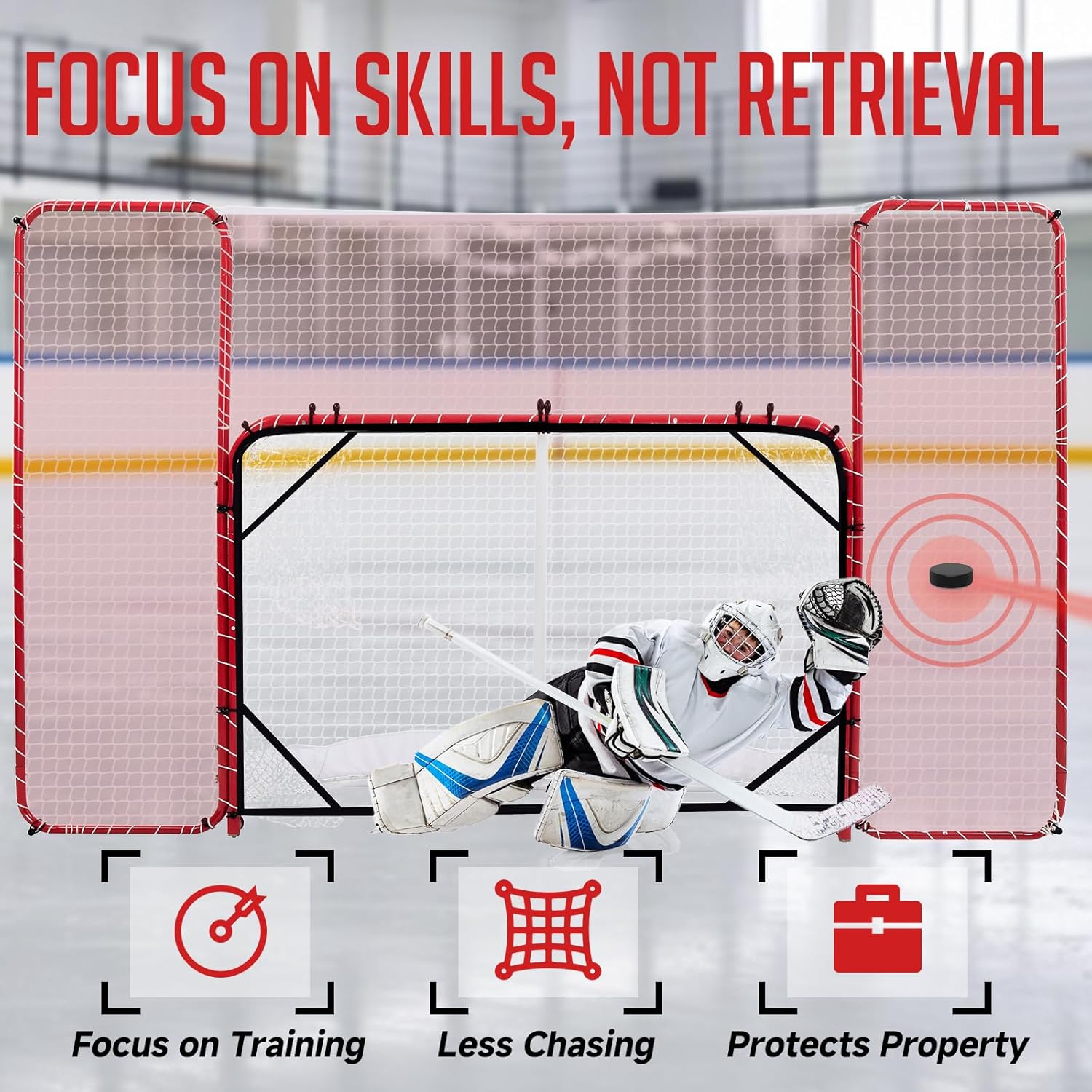 ZEALFEEL Hockey Net with Backstop 10x6FT, Pro Hockey Goal Training Set with Target Nets, Heavy-Duty Steel Frame & 5-Strand Tear-Resistant Netting for Shooting Passing Goalie & Protection Practice