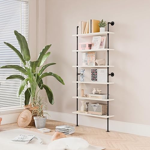 Miniatura 63 de Estantería industrial de 5 niveles, estantería rústica de tubería de metal de madera montada en la pared para sala de estar (marrón envejecido, 10