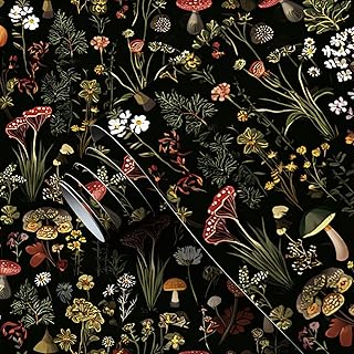 Peel and Stick Wallpaper Floral Mushroom Garden Dark Academia Botanical Wall Mural 23.6"x118.1" Self Adhesive Removable Contact Paper Renter Friendly Wallpaper for Kitchen Bedroom