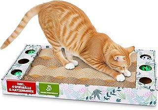 kogu ® Katzen Kratzbrett mit 4 Bällen und Katzenminze inklusive, ergonomisch geformt mit Umrandung für sauberes Spielen und kratzen von Katzen zum Schutz der Wohnung, ideale Maße 45x25x5cm product image