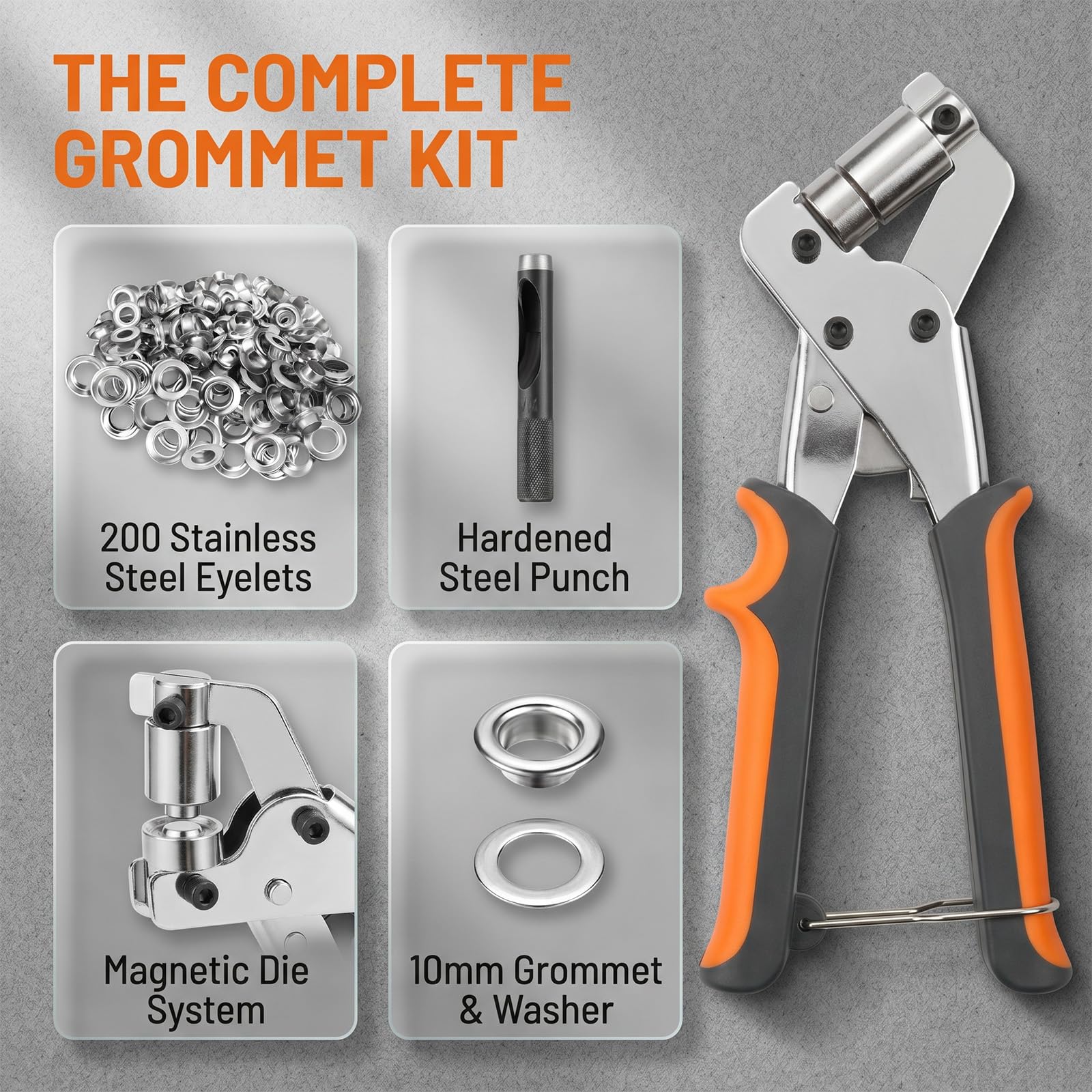 Kit de Ojales Metalicos con 200 Ojetes Metálicos (Ø10mm), Remachadora de Ojales con Alicates de Ojales y Perforadora, Herramienta Manual para Lona Cuero PVC Tela