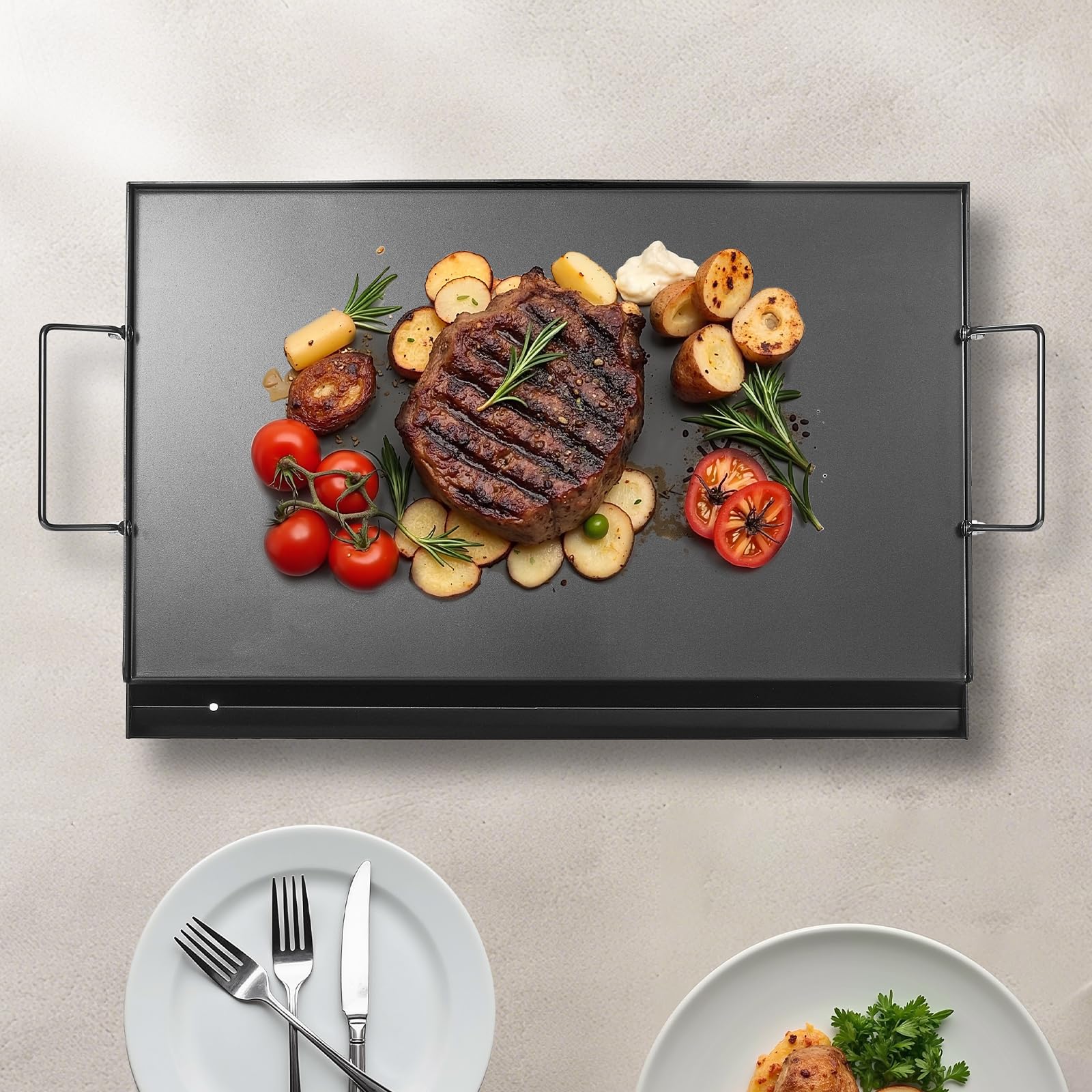 VEVOR Parrilla de Acero al Carbono Robusto Universal Rectangular 606 x 360 mm con Superficie Plana, Plancha de Gas para Barbacoa, Utensilios de Cocina Familiares Portátiles con asa, Gran Superficie