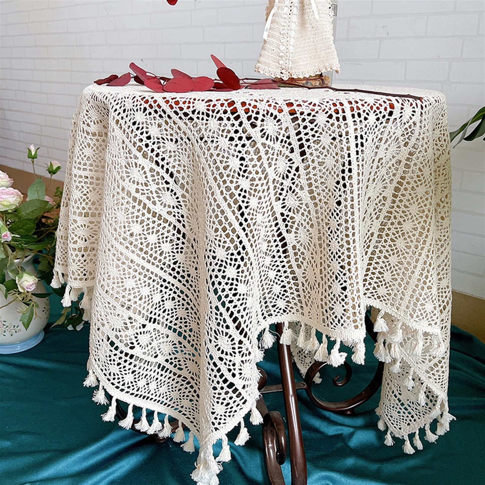 Vierkant gehaakt kanten tafelkleed, holle ivoorkleurige kanten tafelkleed met kwastjes, vintage landelijke katoenmix, kanten overlay tafelkleed voor thee, koffie, eettafel, feest, bruiloft, banket, 89