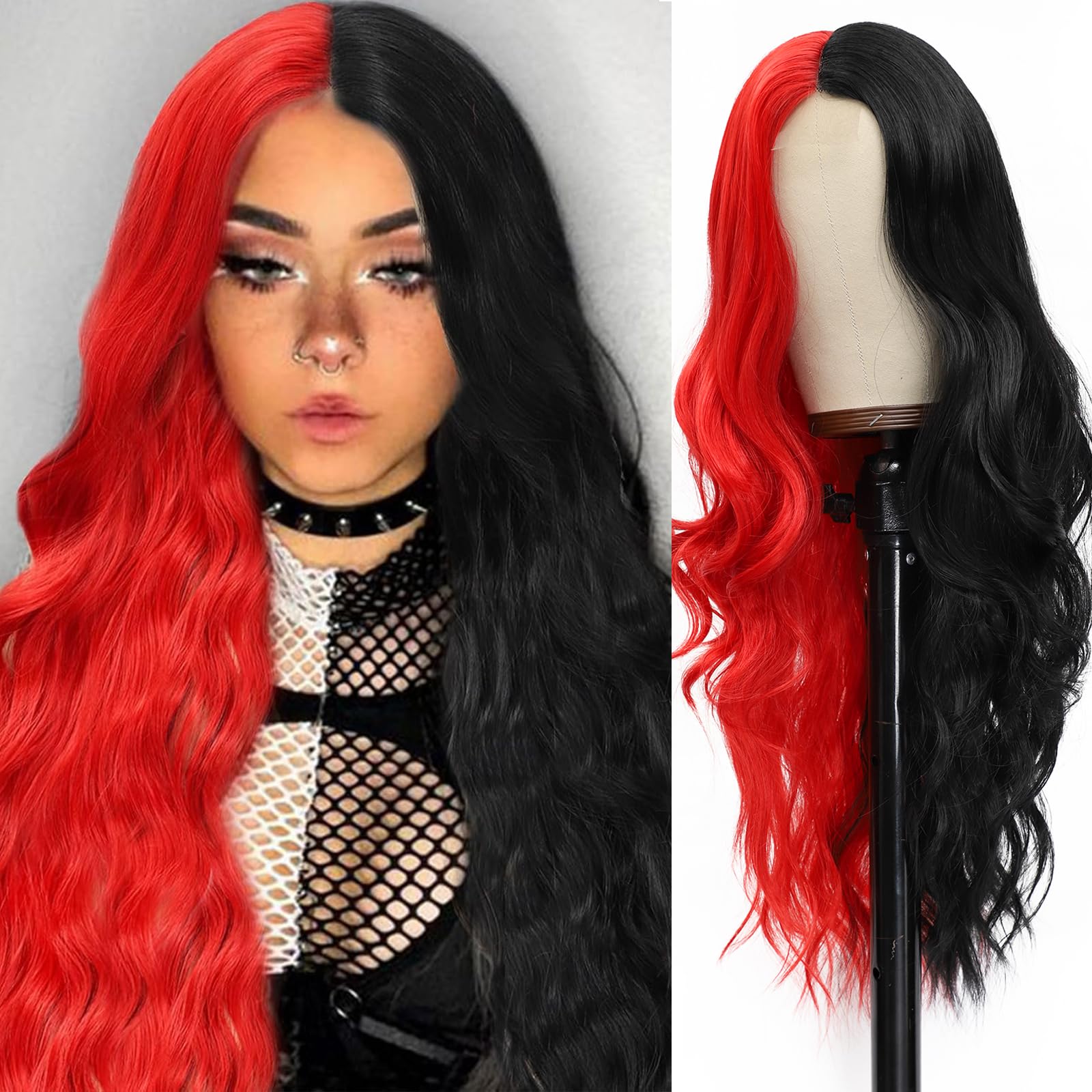 WOKAA Red and Black Wigs for Women 26 Inch Long Body Wave Costume Wigs Synthetic Middle Part Long Wavy Wig for Halloween Cosplay Party Use Half Red