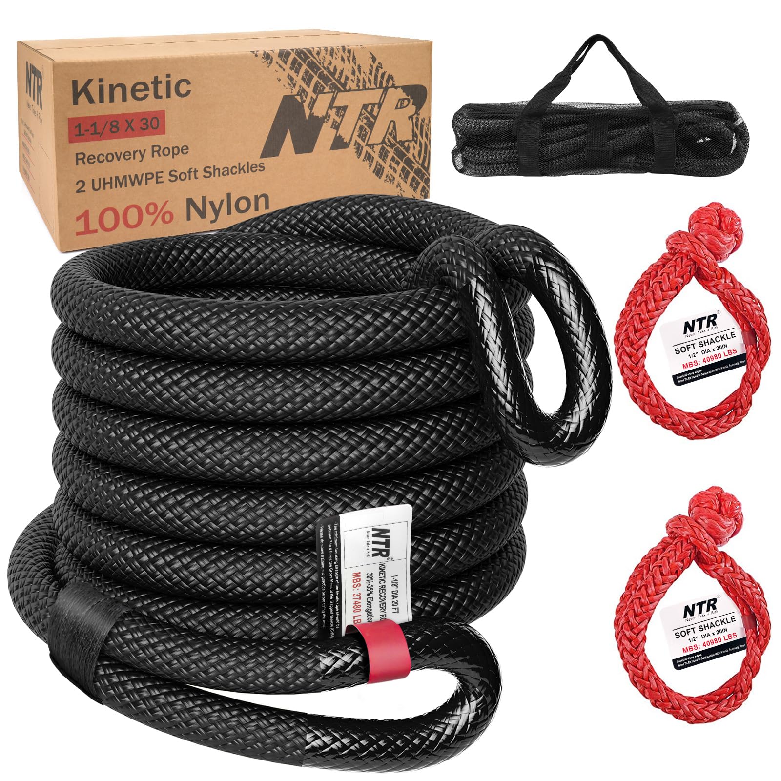 NTR 1-1/8" x 30' Kinetic Recovery Tow Rope (37,480lbs), with 2 UHMWPE Soft Shackles (40,980lbs), Heavy-Duty Offroad Snatch Strap, Vehicle Recovery kit for Jeep car Truck ATV UTV SUV, Black