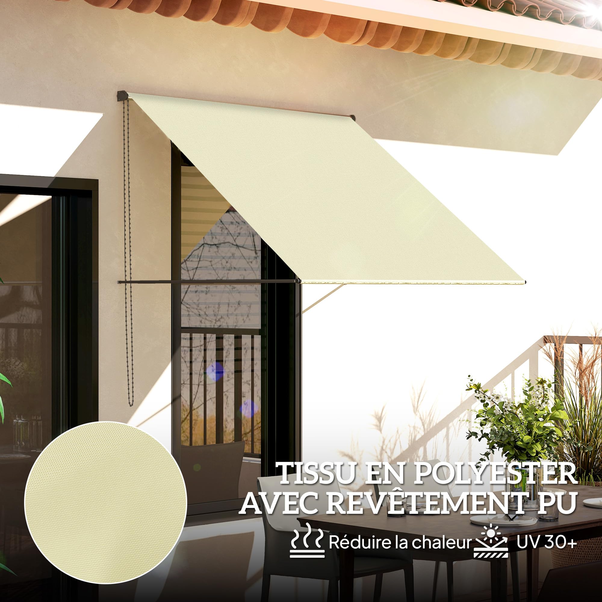Outsunny Store banne Manuel auvent rétractable Inclinaison réglable 150 x 116 cm Protection UV Aluminium Polyester crème