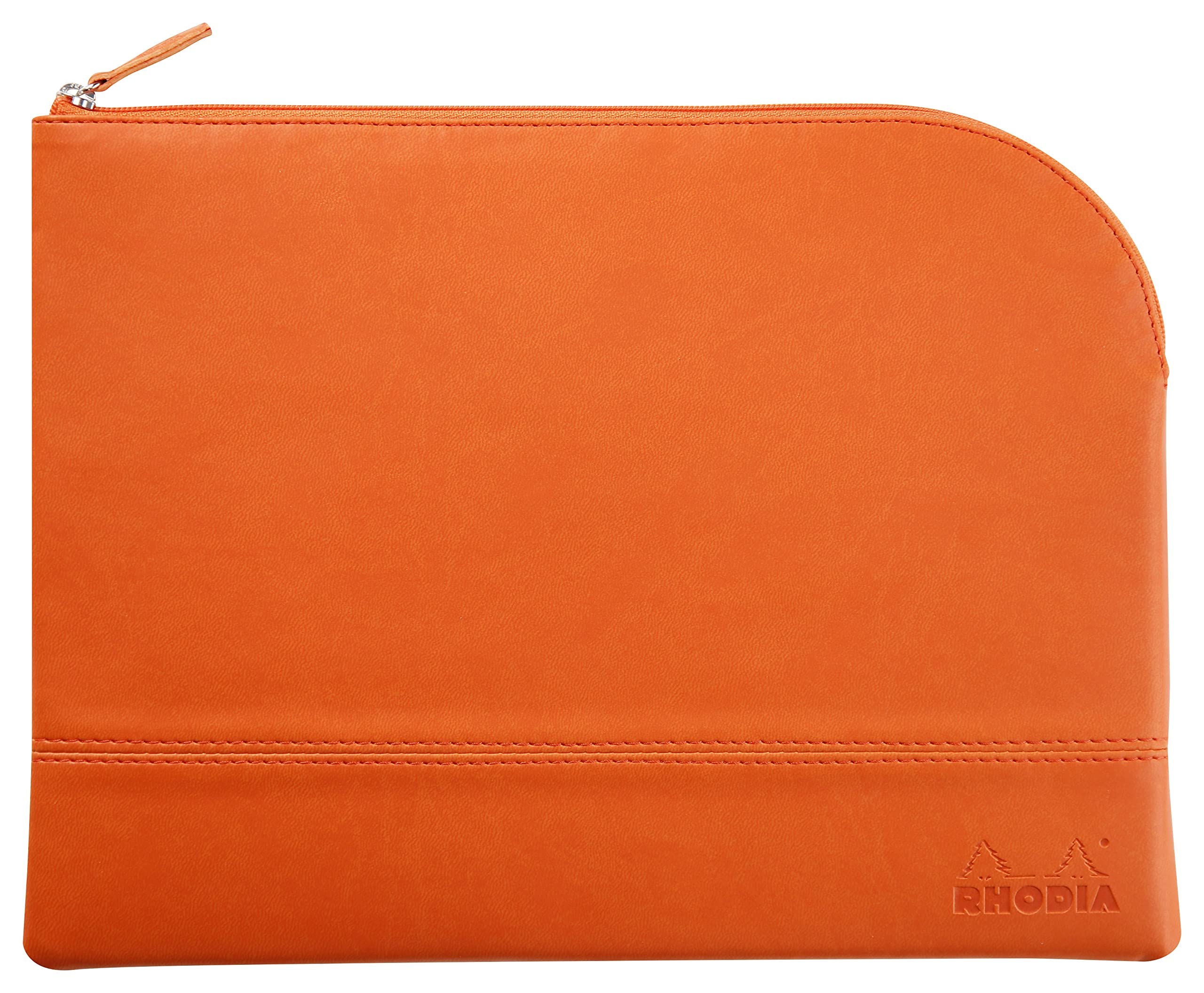 RHODIA 116746C, Faux Leather Zipped Pouch, Tangerine, Size L (21 x 28 cm), Genuine stitching, Orange Fabric Inside, Documents