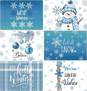 Set of 6 Christmas Placemats 17 x 12'' Blue Christmas Placemats Plastic Winter Snowman Snowflake Place Mats Wipeable Washable Table Mats for Winter Home Dining Kitchen Party Decor Gift