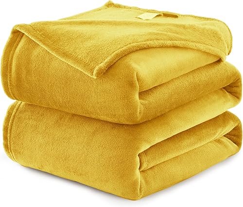 CozyLux Mantas de cama de forro polar, tamaño Queen, color amarillo mostaza, 300 GSM, suave, ligera, acogedora, manta de franela de microfibra