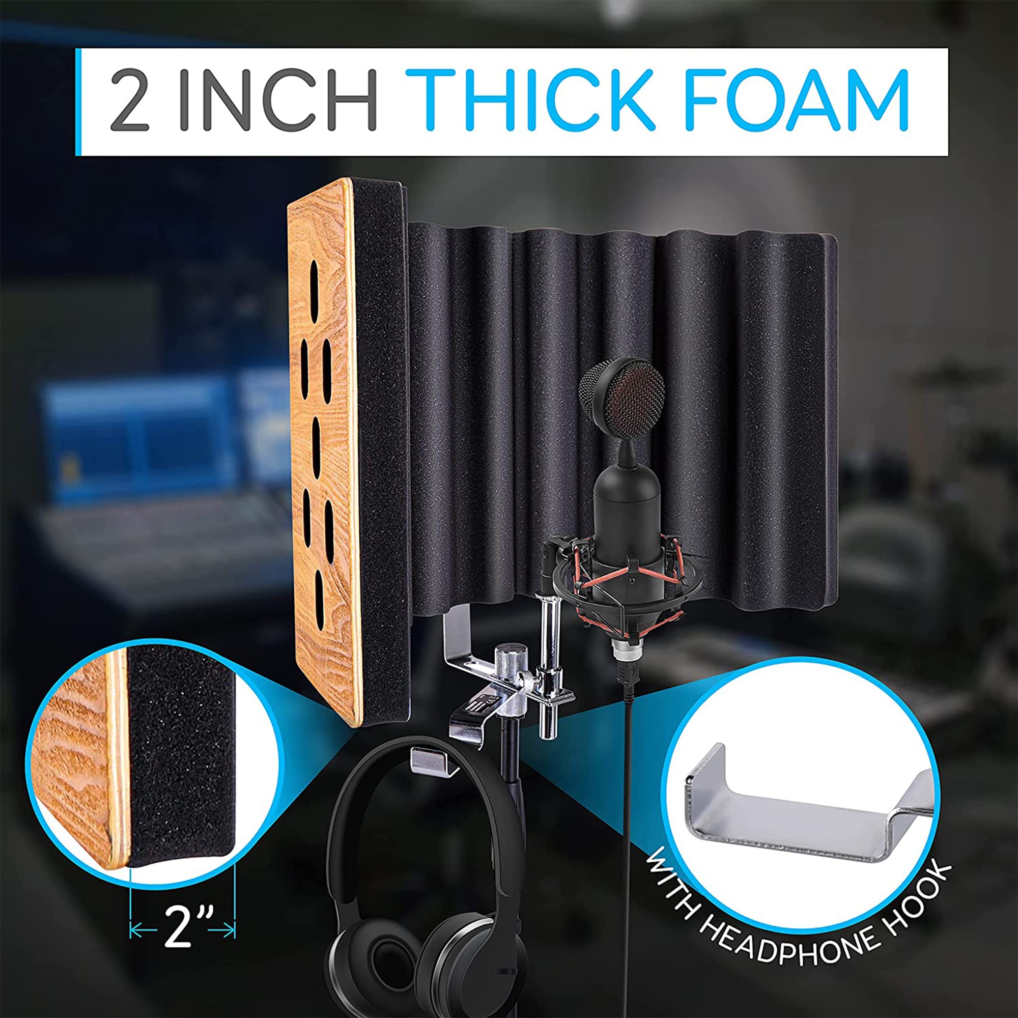 Pyle Wood Microphone Isolation Shield-Sound Isolation Recording Booth,Studio Microphone Vocal Booth Dampening Filter Foam Acoustic Panel w/2' Thick Foam,Universal 5/8 " Mic Threading-PSMRSWD100 - Image 7