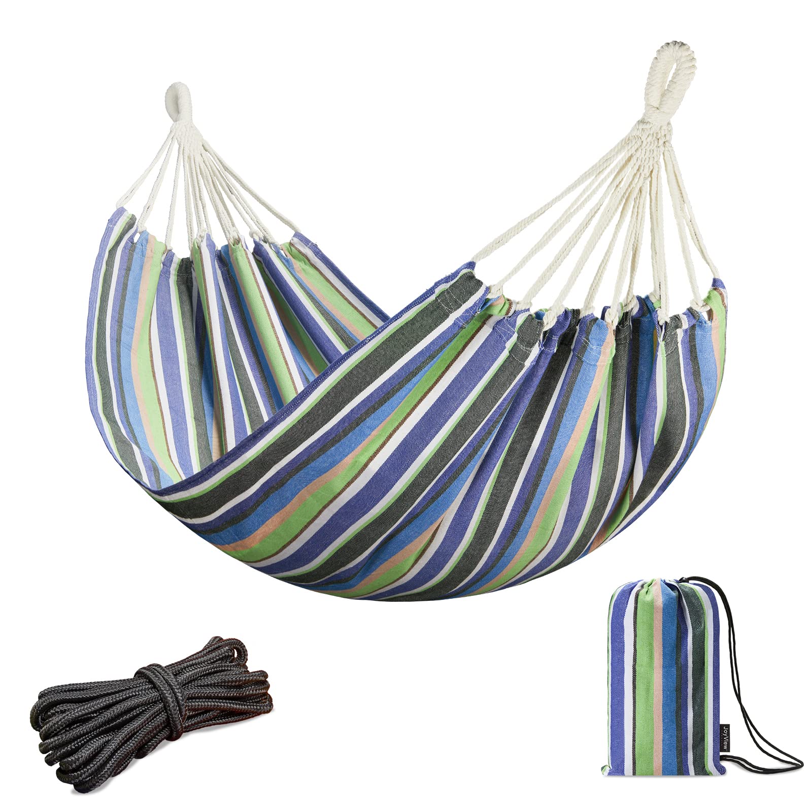JoyView Brazilian Hammock for Single Person Portable Hammock with Hanging Ropes &amp; Carry Bag Large 78.8x39.4” for Patio 300LBS Capacity Perfect for Outdoor/Indoor - Blue &amp; Green Stripes