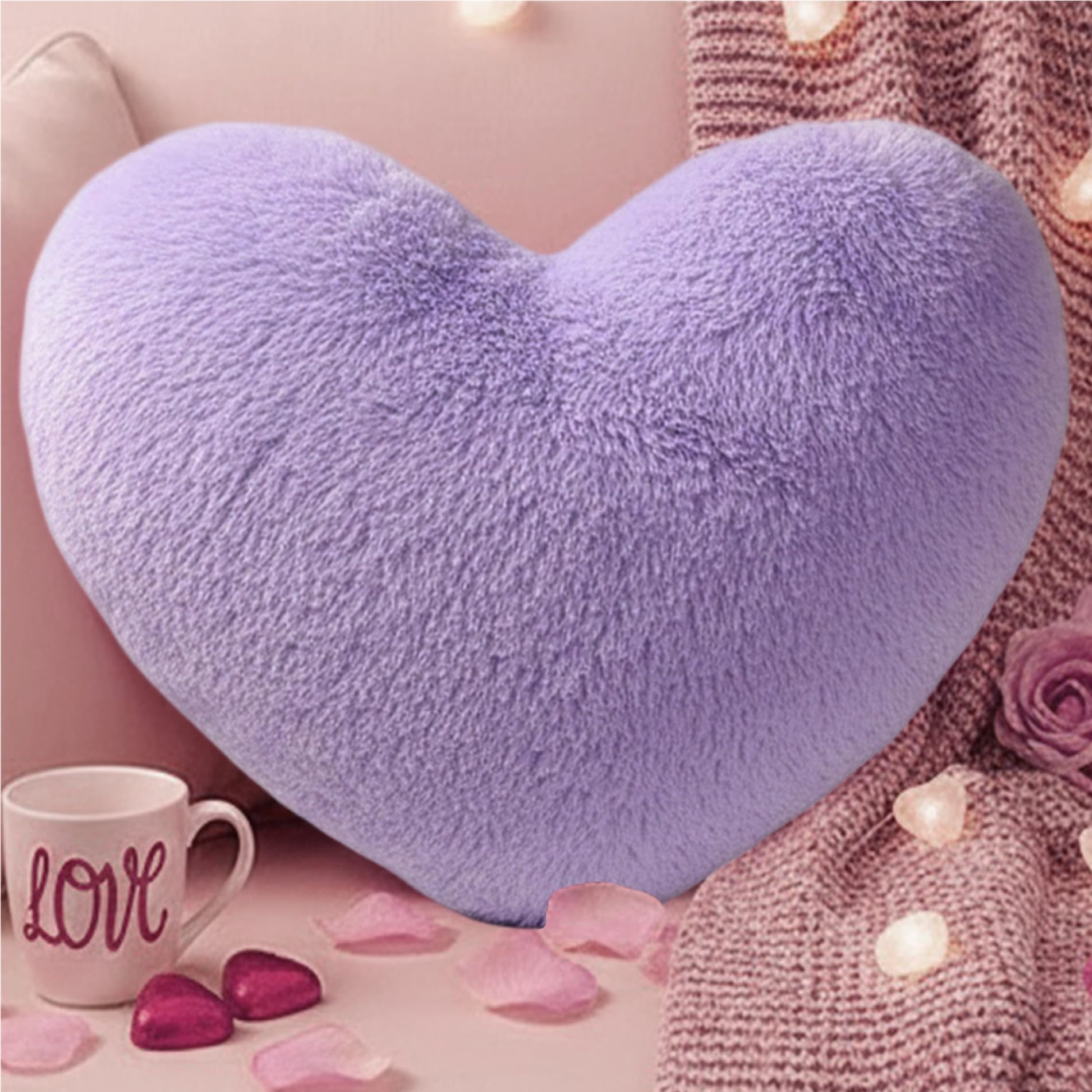 CAKEEYUM Heart Pillow 18x14 Plush Heart Shaped Pillow Cute Cuddly Fluffy Cushions Decorative Valentines Cushion for Living Bedroom Decor Purple