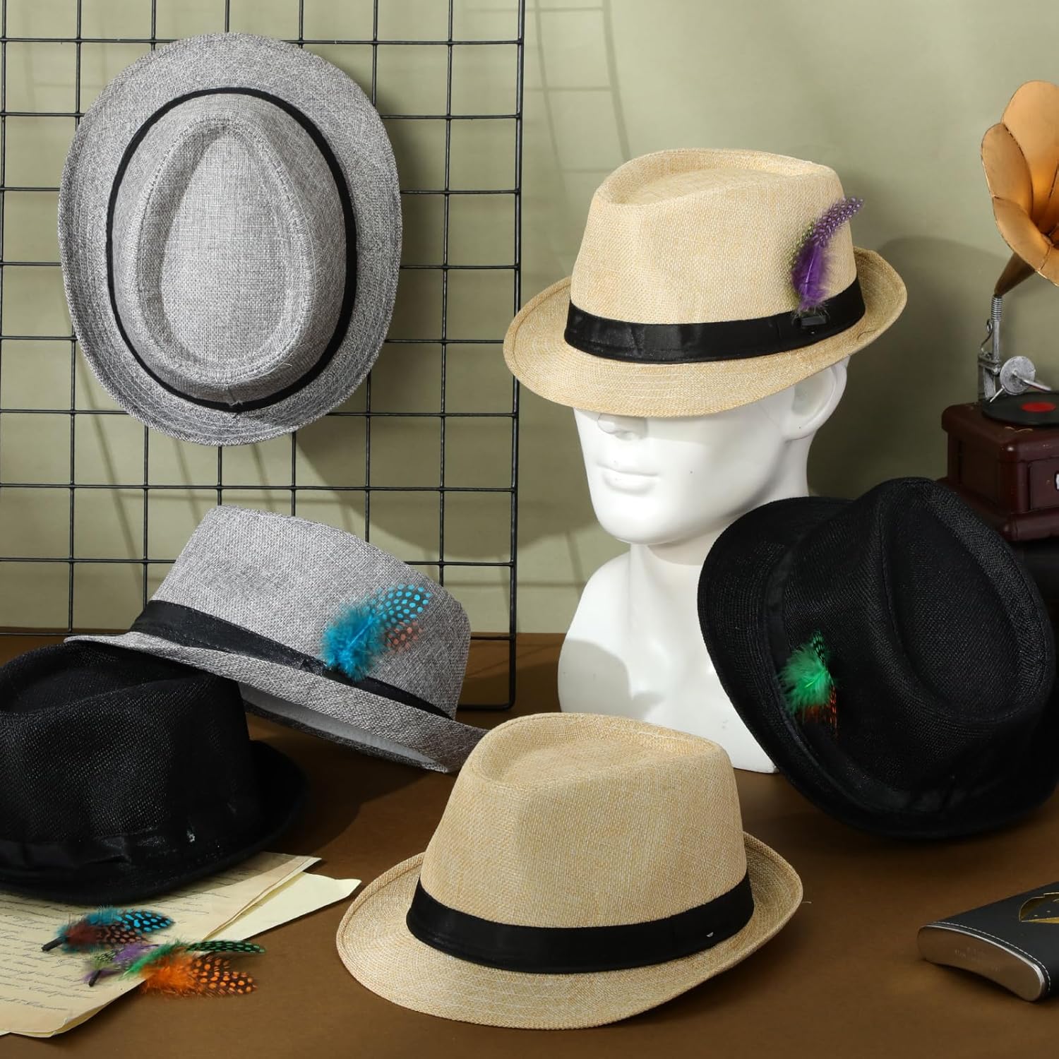 6 Pack 1920s Unisex Party Costume Straw Fedora Hats For Men, Cuban Fedora Sun Panama Hats Men with Adjustable Strap, Short Brim for Summer Beach 1920s Unisex Party Costume Women - Image 3