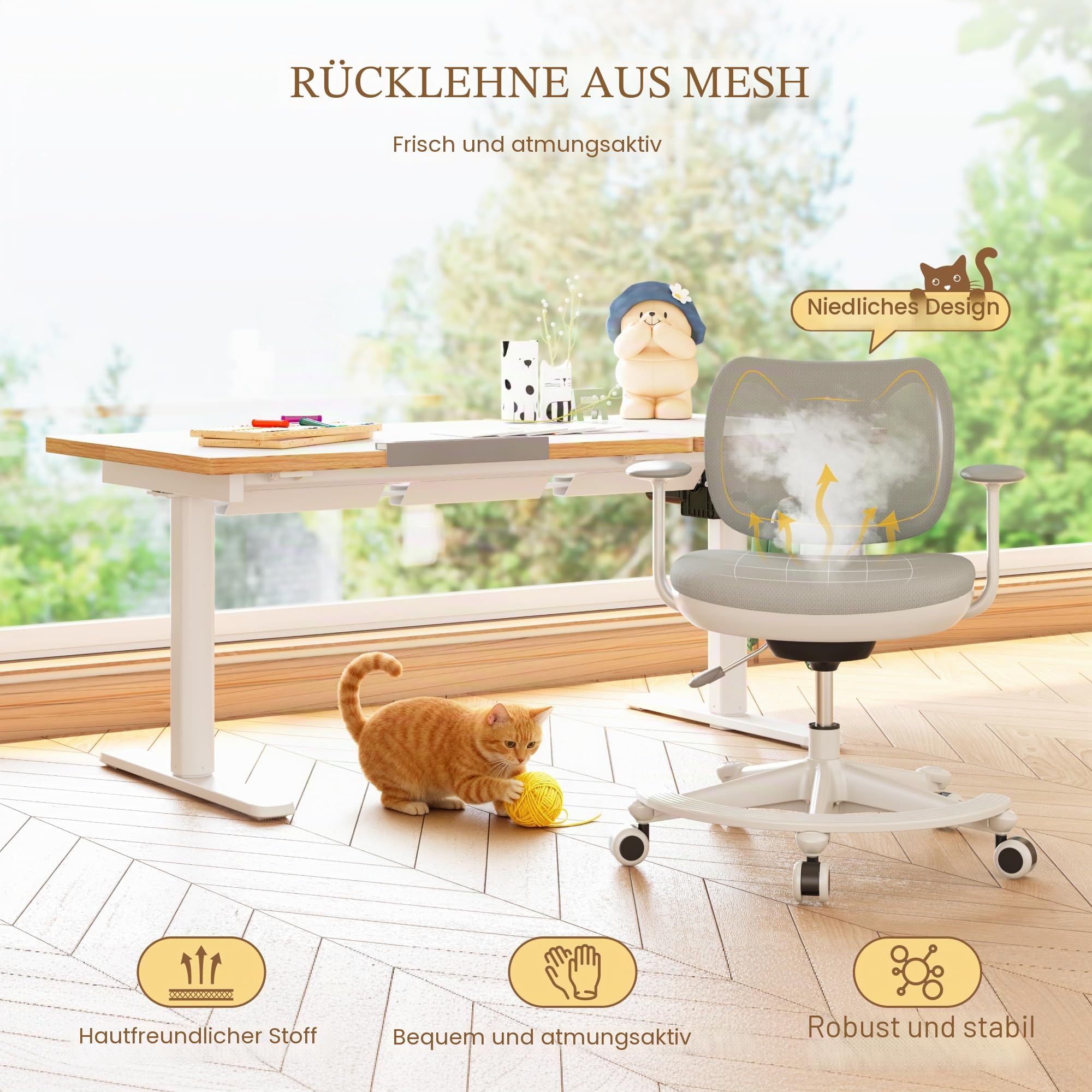 FLEXISPOT Kinderstuhl, Ergonomischer Kinder-Schreibtischstuhl mit Fußablage & Sicherheitsrollen, Höhenverstellbar, Atmungsaktive Rückenlehne, Abnehmbares Kissen, Für Kinder von 3–15 Jahren, Grau