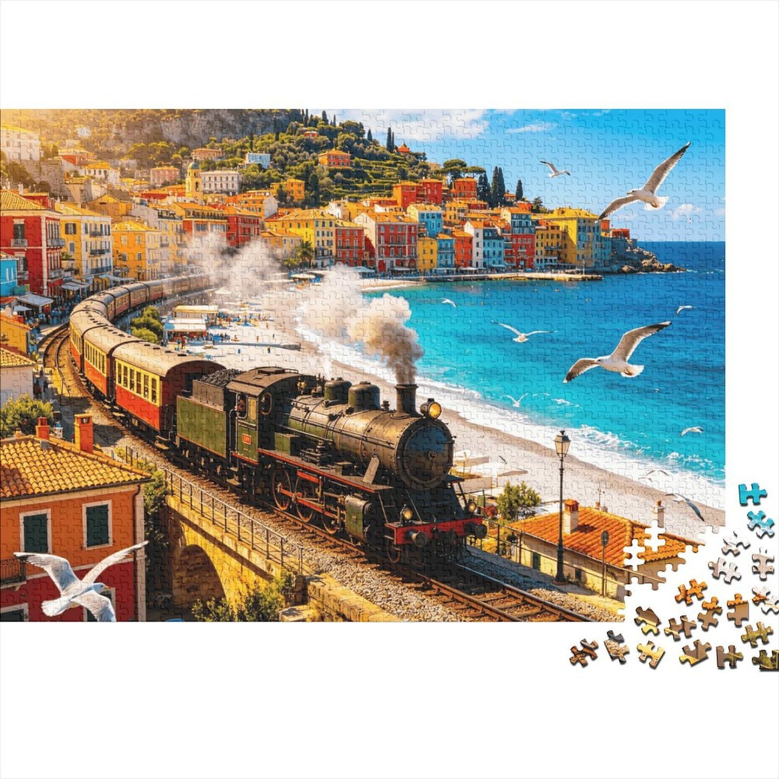 Coastal Steam Train Jigsaw Puzzle 1000 Pieces Recyclable Italian Riviera Senior Puzzles Educational Game Decompression Ideal for Family And Friends Birthdays 38x26cm/1000pcs