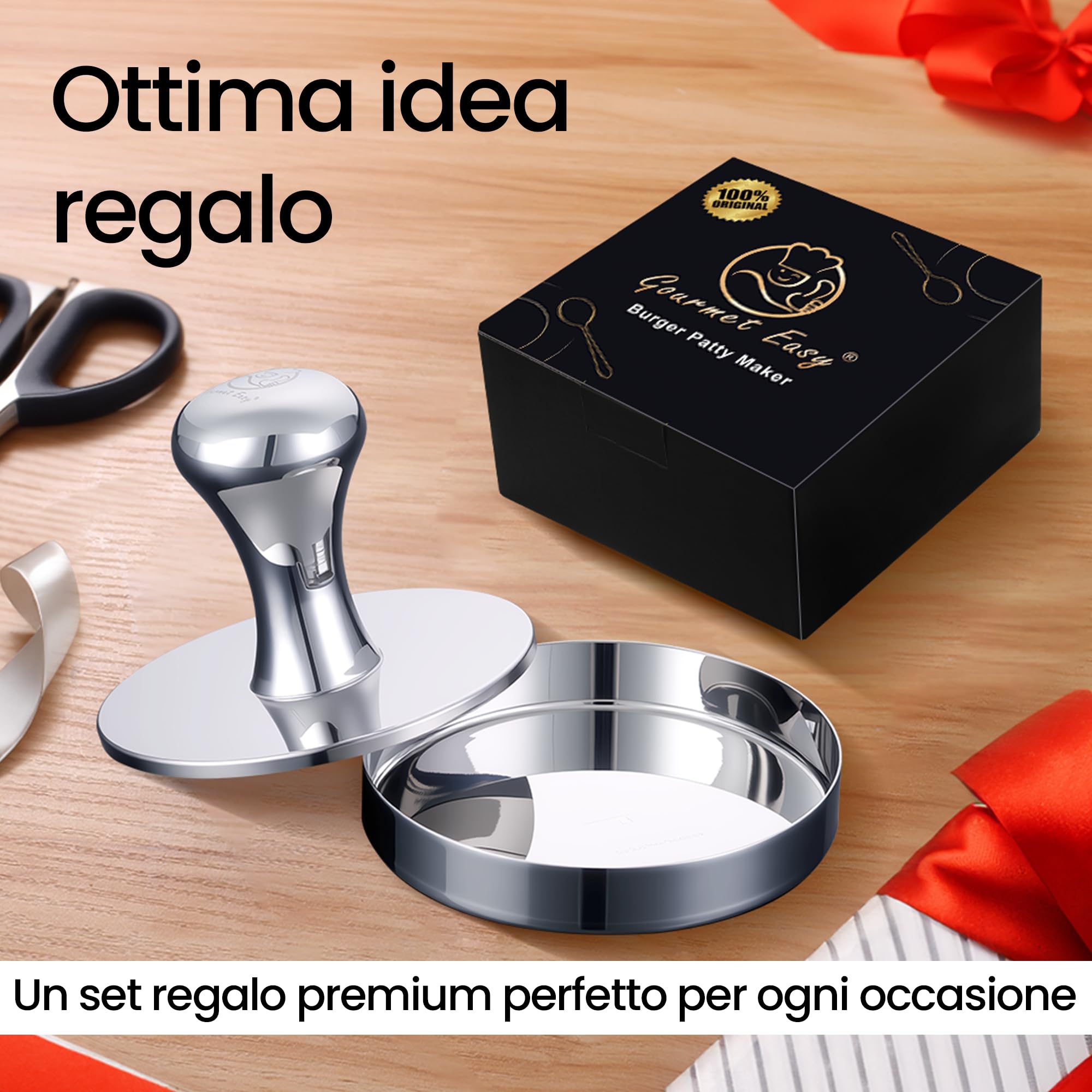 Pressa per hamburger in acciaio inox 2 in 1 | con carta antiaderente inclusa | Perfetta per burger e hamburger | Robusta | lavabile in lavastoviglie | Finitura lucida