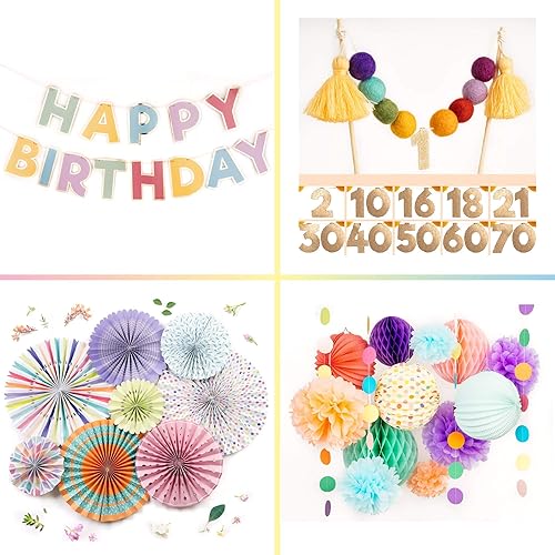 PapaKit Bundle - Pancarta de feliz cumpleaños, decoración de pastel con números de edad personalizables, abanicos de papel de decoración de pared de