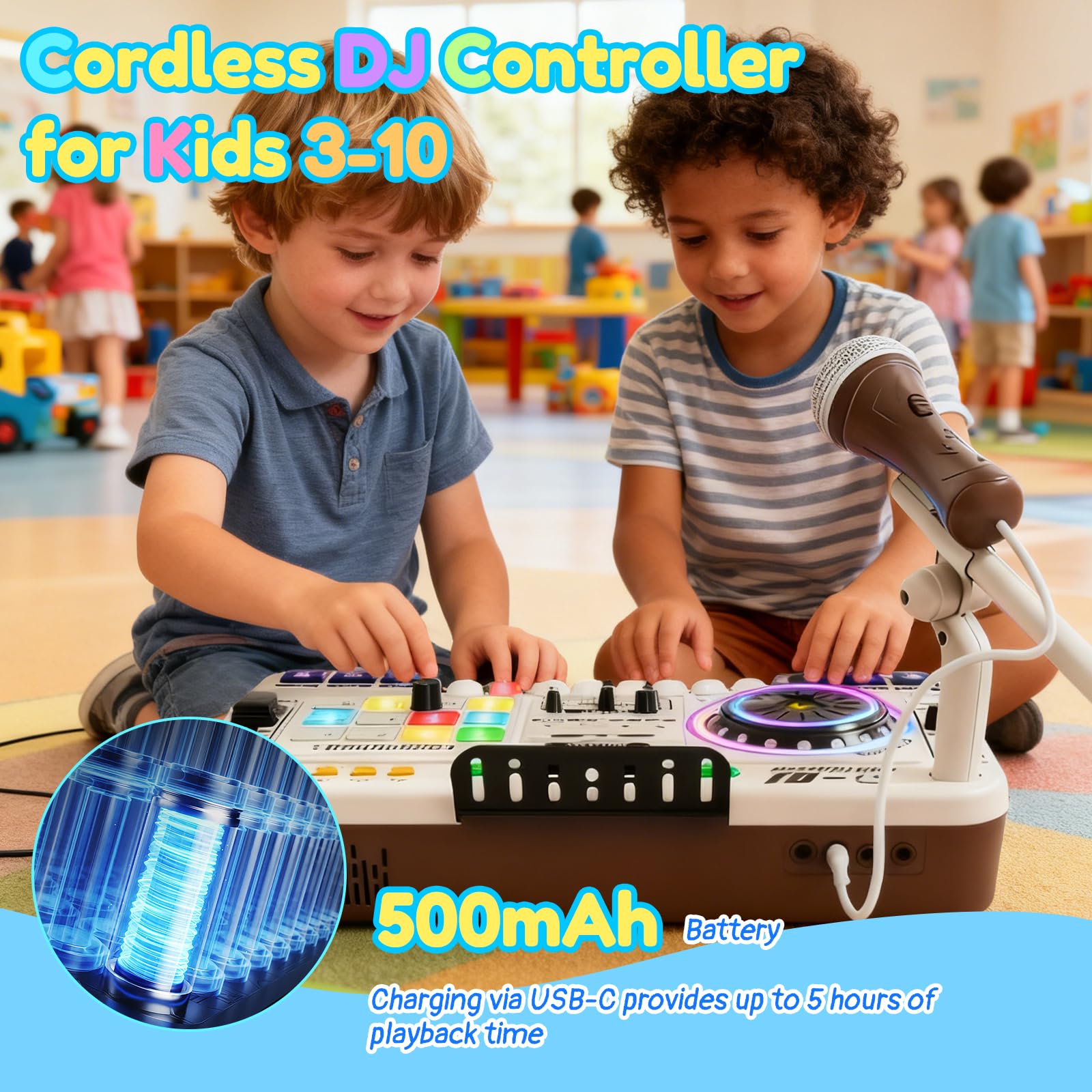 Mesa de mezclas DJ para niños de 3 a 12 años, Mezclador DJ para niños con micrófono, Luces, 100+ Sonidos DJ Mixer controlador Regalo Educativo para Niñas Recargable USB, Bluetooth