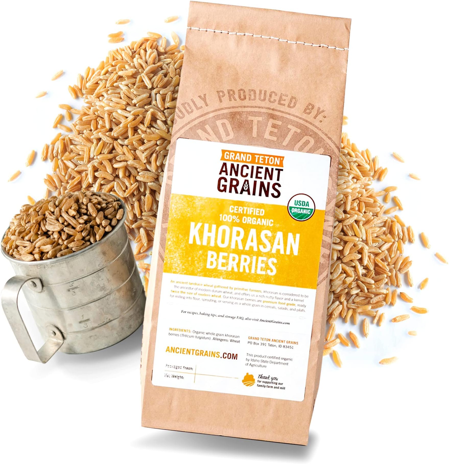 Grand Teton - Ancient Grains Khorasan Wheat Berries, 100% Organic Berries, Premium Food-Grade Khorasan Grain, For Milling, Sprouting, Baking, Salads, Pilafs, & Soups, 5 lbs