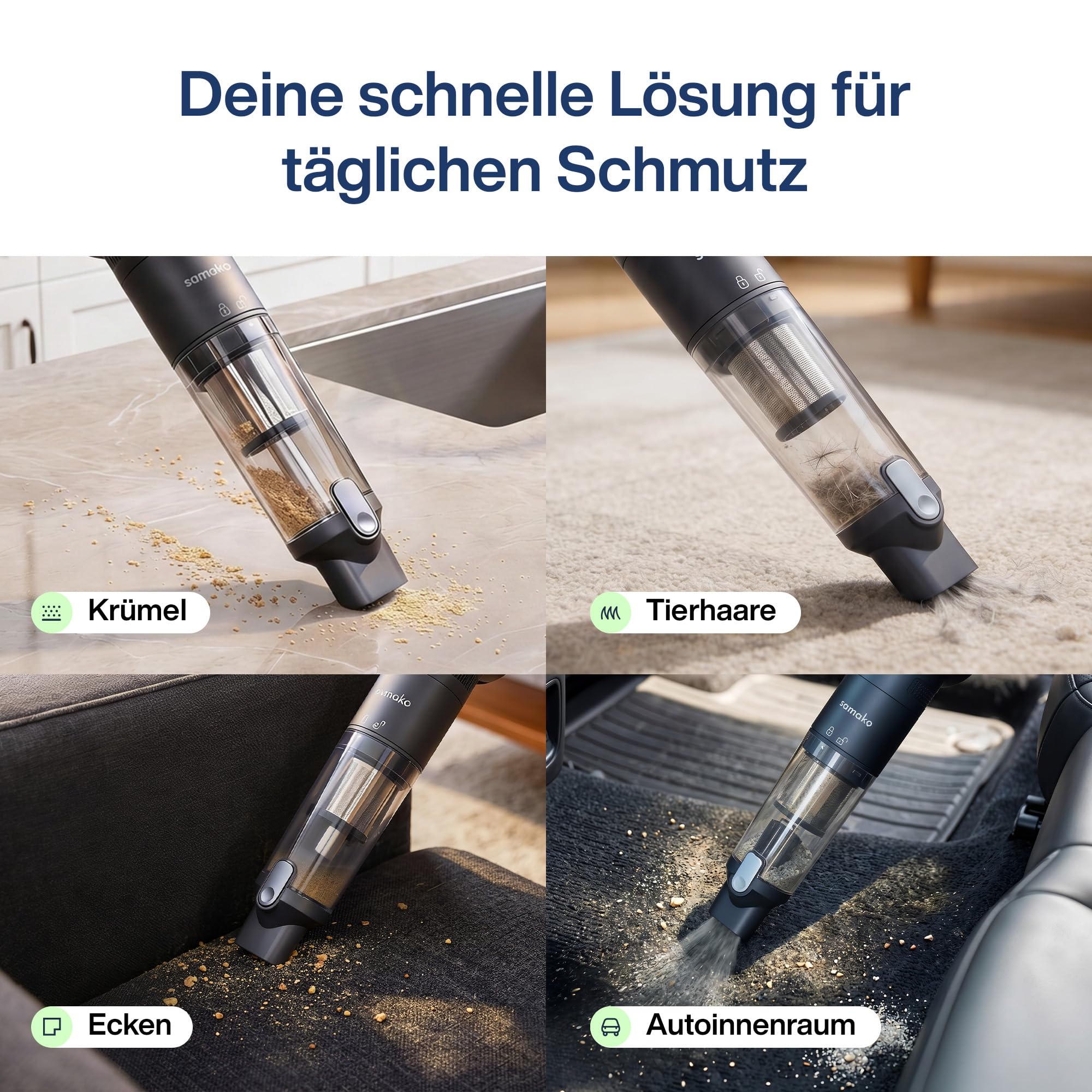 Samako Akku-Staubsauger, 13,5 kPa mit LED-Anzeige NanoDetect Pro Staubsauger, Ultraleicht (0,85 kg), HEPA-Filter, Ladestation, Fugendüse und Flexibler Schlauch für Auto, Sofa und Haushalt