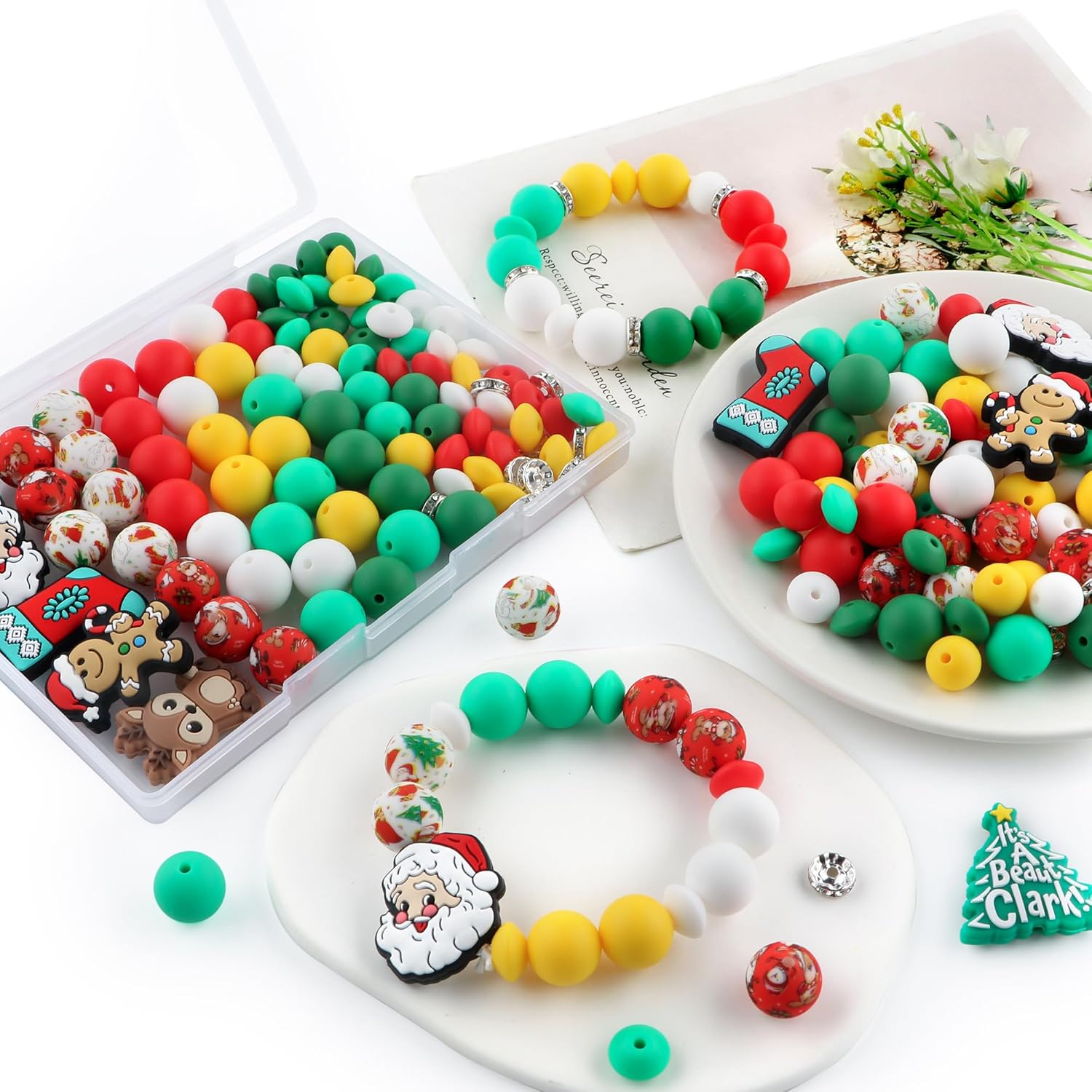 100Pcs 12mm 15mm Christmas Focal Silicone Beads for Keychain Bracelet Making, 8mm Rondelle Rhinestone Spacer Beads for Pens - Image 4