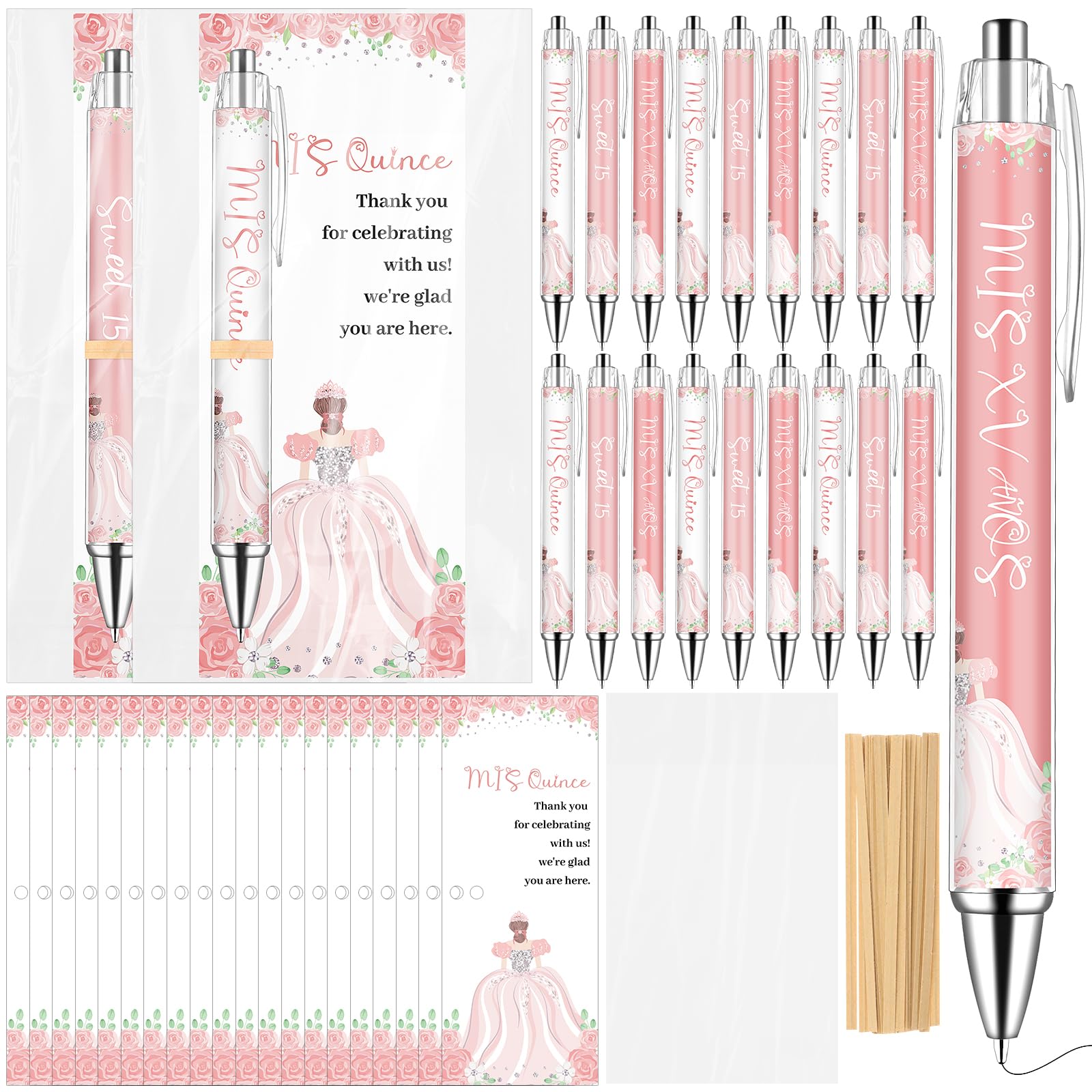 30 Set Quinceanera Party Favors Include Sweet 15 Ballpoint Pens Thank You Cards Gift Bags Quinceañera Gifts Black Ink Pen Thank You Gifts for 15th Birthday Party Mis Quince Guests Souvenir