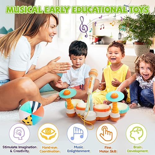 Miniatura 6 de Juego de batería para niños pequeños de 1 a 3 años, juguetes musicales con micrófono, instrumentos para niños de 1 año, regalos de primer