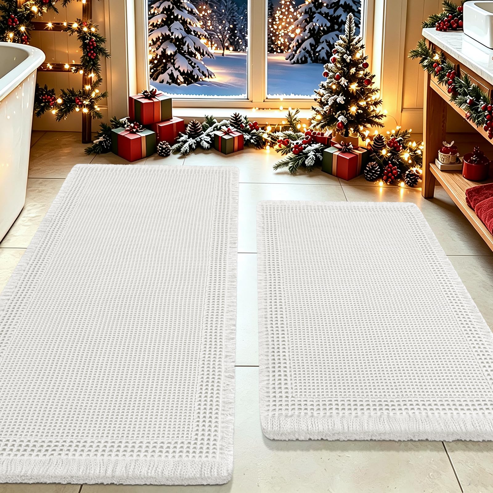 Upgrade Waffle Bath Mat Set 2 Piece, Boho Bathroom Rugs Absorbent Non Slip, Ultra Soft Bathroom Mat, Machine Washable Knit Bath Rugs with Border for Bathroom, Bedroom, Kitchen, Shower, Tub, White