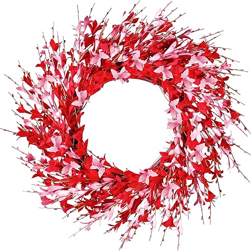 Sggvecsy 20in Valentine's Day Wreath Artificial Pink Forsythia Wreath Spring Summer Fake Foam Flower Handmade Wreath with Pink Red Forsythia for Gifts Festival Front Door Window Wall Farmhouse Decor