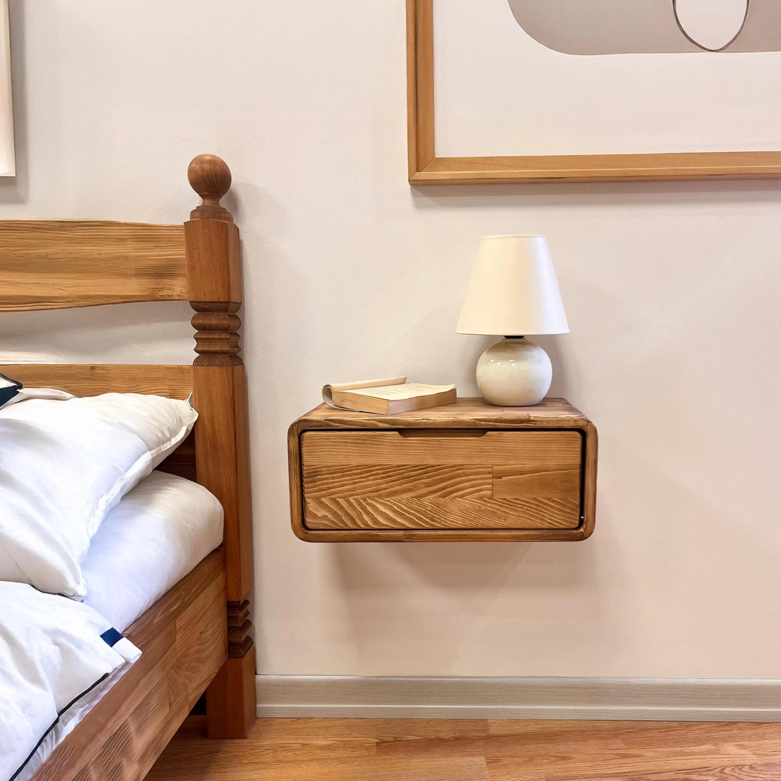 Solid Wood Wall Mounted Bedside Table with Drawer | Floating Wooden Night Table for Bedroom | Space Saving Side Unit-image-15