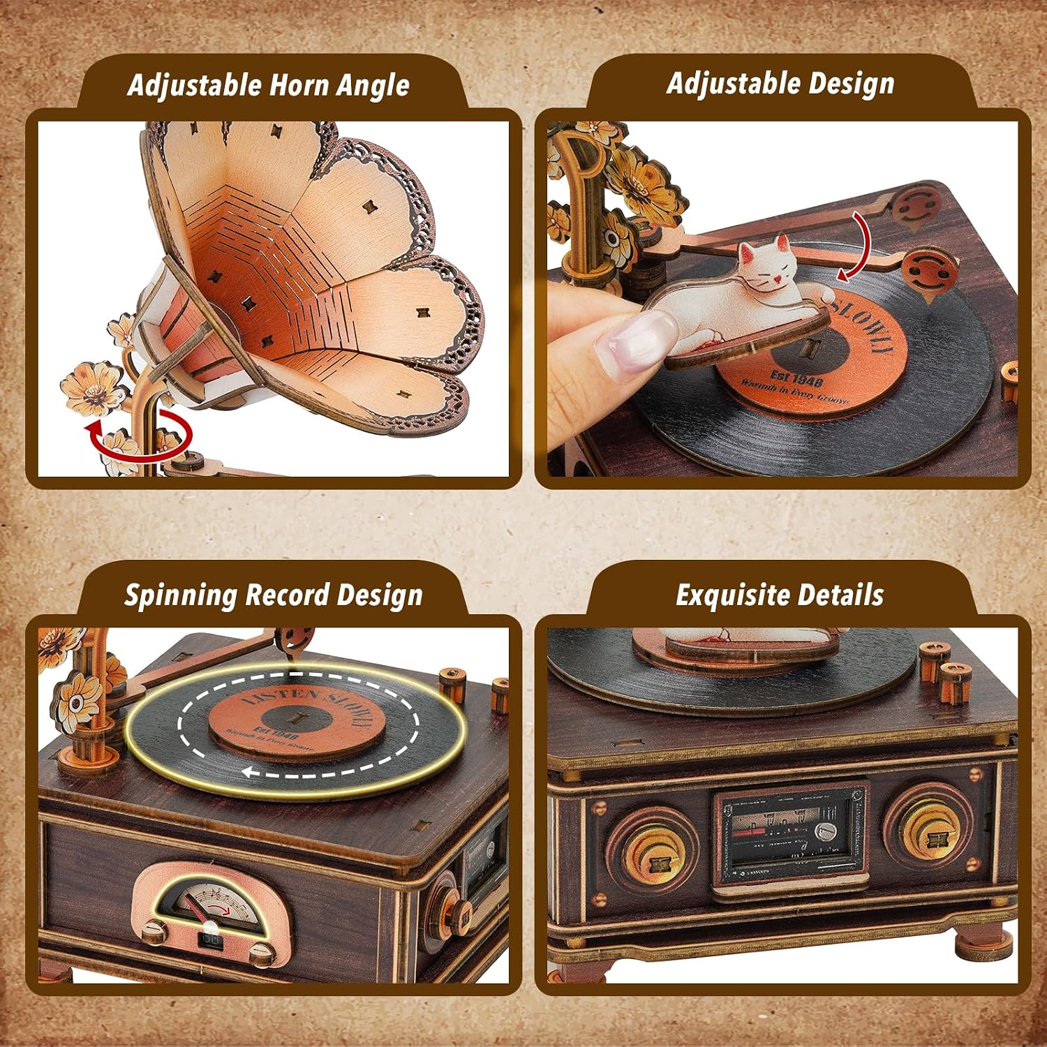 3D Puzzles for Adults, Wooden Cats Phonograph Music Box Handmade Model Kit DIY Crafts, 3D Wooden Music Box Puzzles Vintage Record Player for Home Decor Unique Gifts for Holidays Birthdays