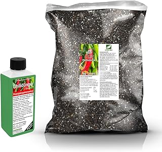 Umtopf - Set für Chili (Chilli) Peperoni Paprika und auch Tomaten - bestehend aus 10 Liter Spezial - Substrat und darauf abgestimmten Flüssigdünger NPK Volldünger (für Chilipflanzen)