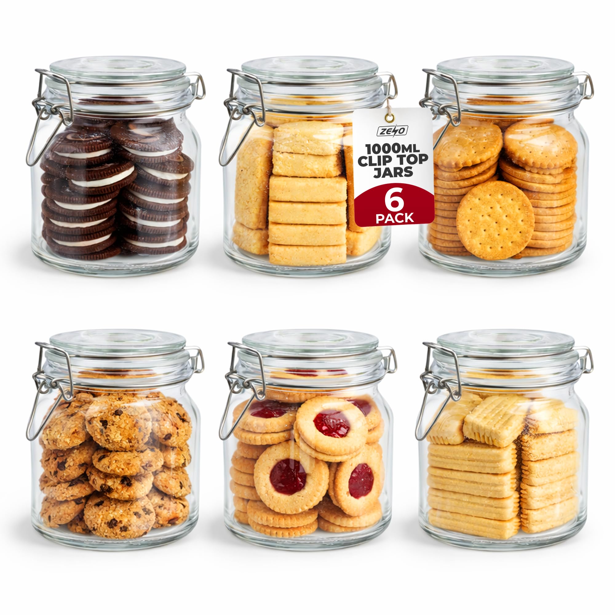 Zeno Transparent Clip Top Glass Jars 1000Ml 6 Pack | Airtight Glass Storage Jars With Lids | Mason Style Glass Jars For Dry Food Coffee Tea Spices | Kitchen Preserving Pickle & Storage Jars