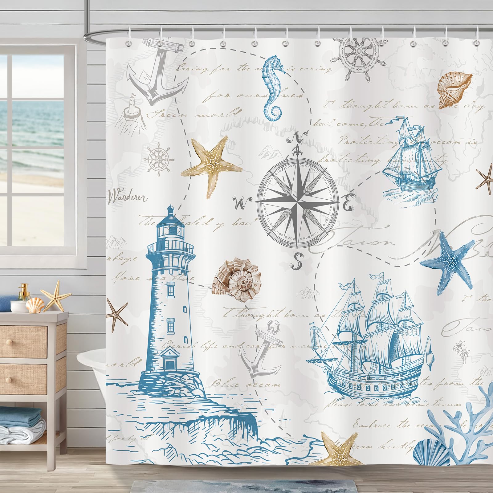 COZZSNUGE Nautical Coastal Shower Curtain, Vintage Lighthouse Sailboat Compass Anchor Beach Bathroom Curtain 180 x 180 cm, Water Repellent Mildew Resistant Polyester with 12 Hooks