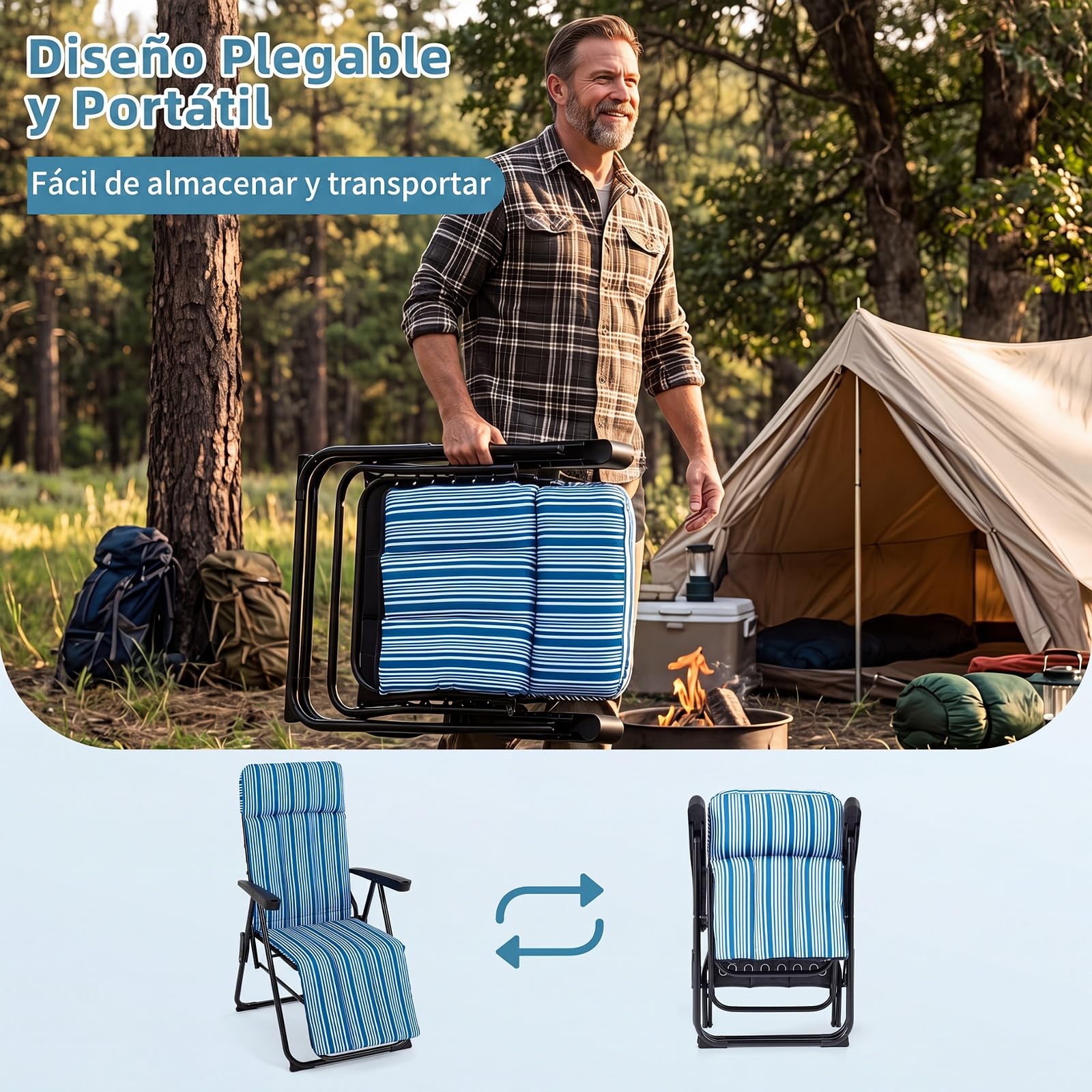 COSTWAY Hamaca Jardin Tumbona Plegable, Sillas Playa Reclinable | Respaldo en 6 Posiciones, Cojín Acolchado y Apoyabrazos, Tumbona Portátil Terraza Piscina Camping, Carga 150 kg