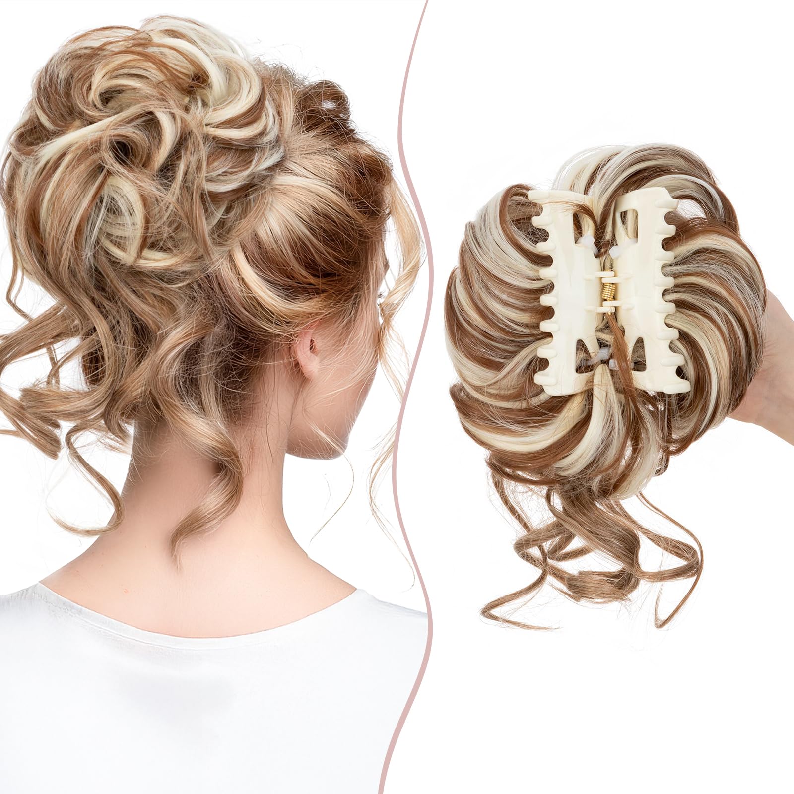 SEGO Tousled Updo Hair Bun Donut Synthetic Thick Hair Chignon 78G Claw Messy Bun Hairpieces Wavy Curly, Light Brown & Bleach Blonde