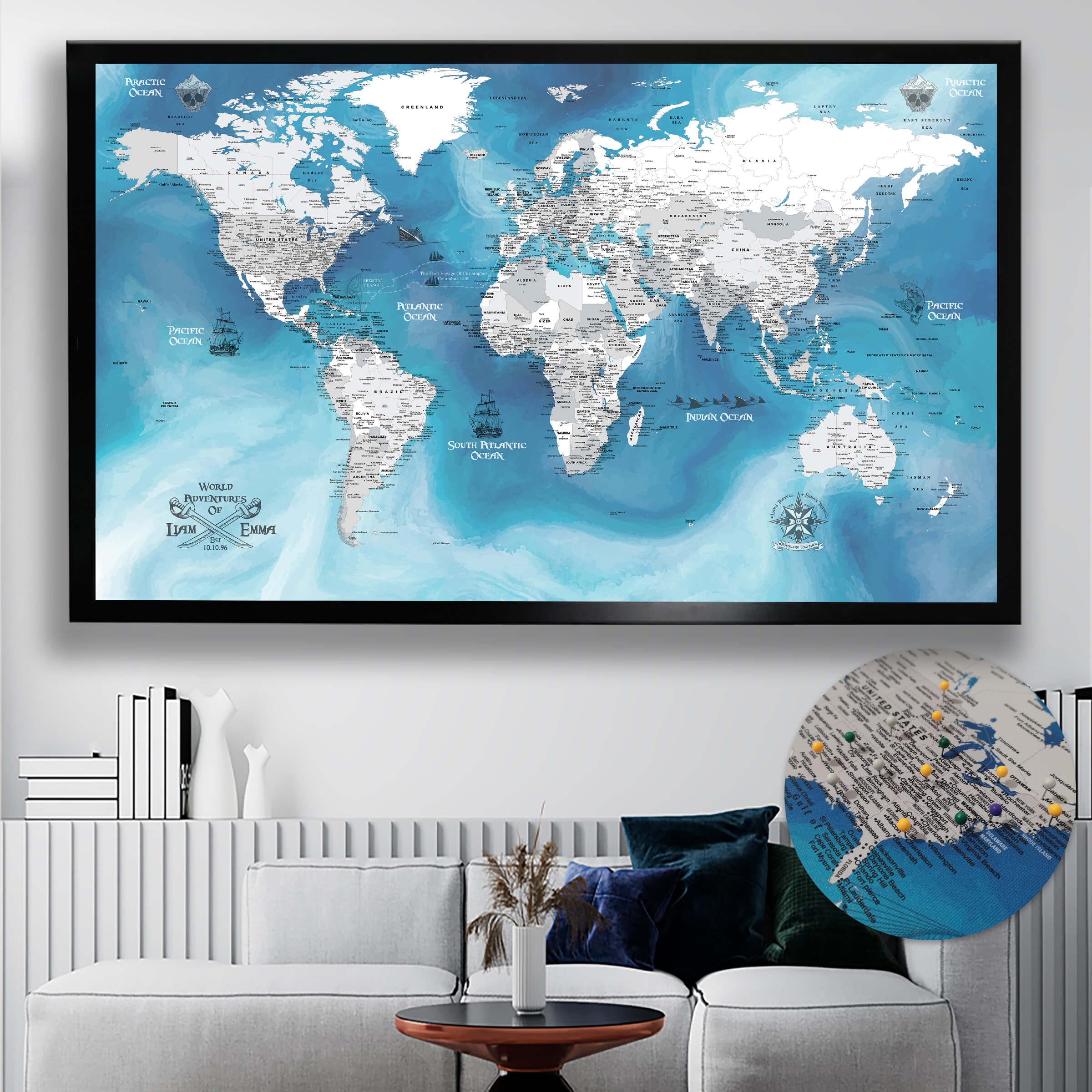 Canvas Art Bay Mapa del mundo de pirata - Lienzo de mapa del mundo personalizado - Mapa de viaje detallado con pines - Impresión de mapa del mundo grande - Tablero de pines de mapa del mundo - Regalo
