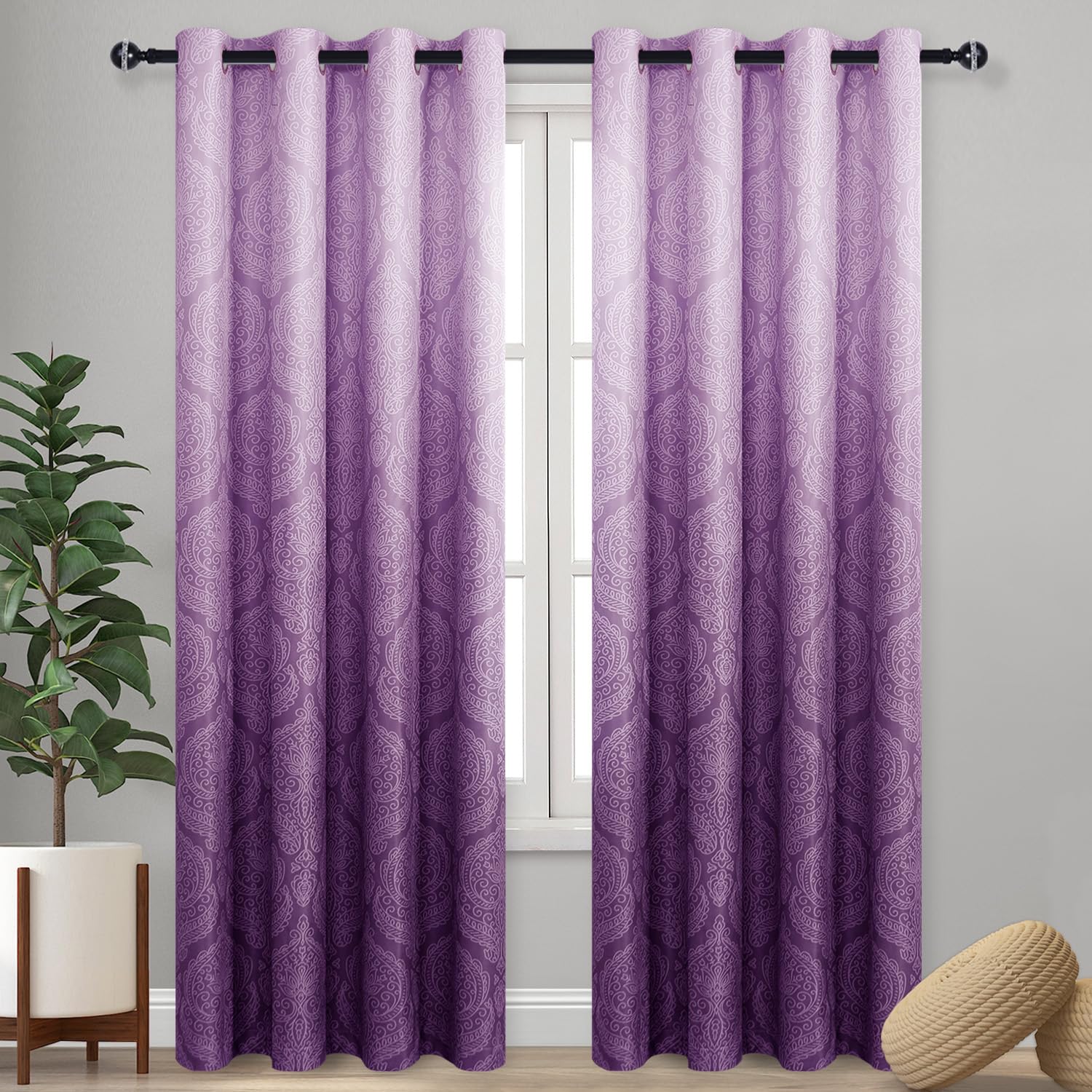 DWCN Ombre Blackout Curtains for Bedroom - Damask Patterned Thermal Insulated Energy Saving Grommet Curtains for Living Room, 1 Pair Gradient Window