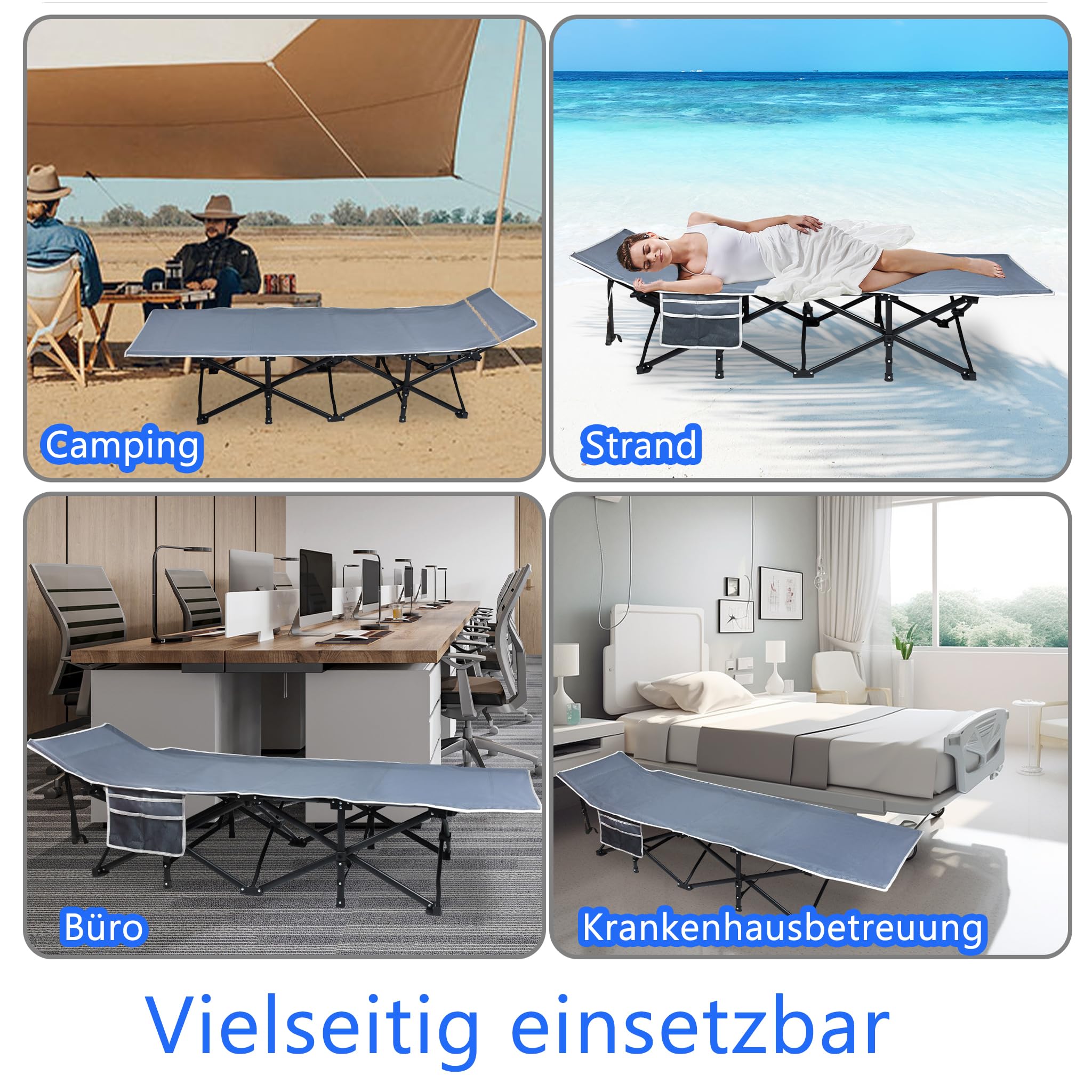 YRHome Klappbar Campingbett Feldbett Klappbett Campingliege Tragbar mit Seitentasche & Tragetasche 190 x 62 x 38 cm Stabiles Metallrohr bis 250kg Belastbar 600D Oxfordgewebe für Camping Strand Büro