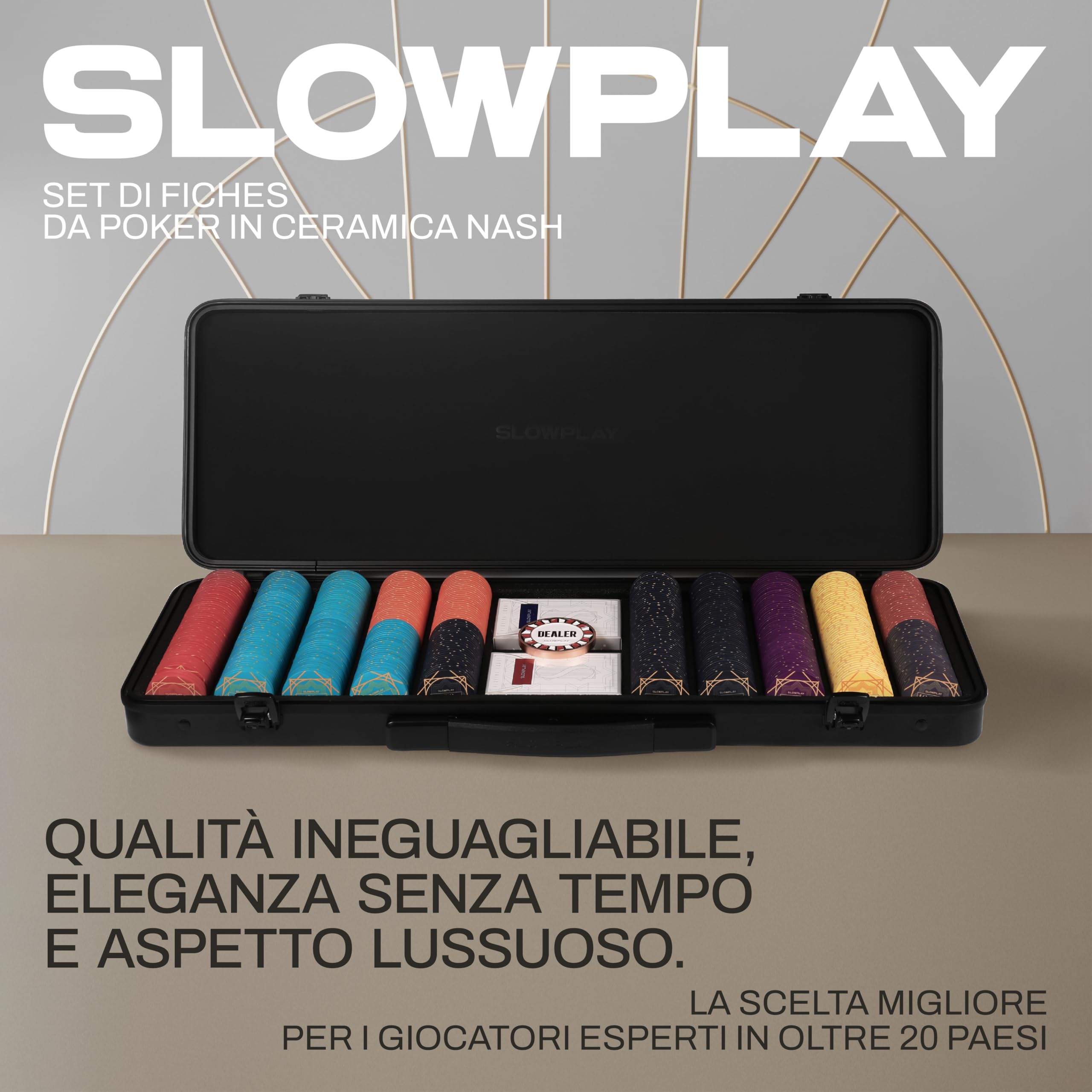 SLOWPLAY Nash - Set di fiches da poker in ceramica per Texas Hold'em, 300 pezzi [con valori numerati], 43 mm e 12 g ciascuno, con custodia di fascia alta in policarbonato tedesco