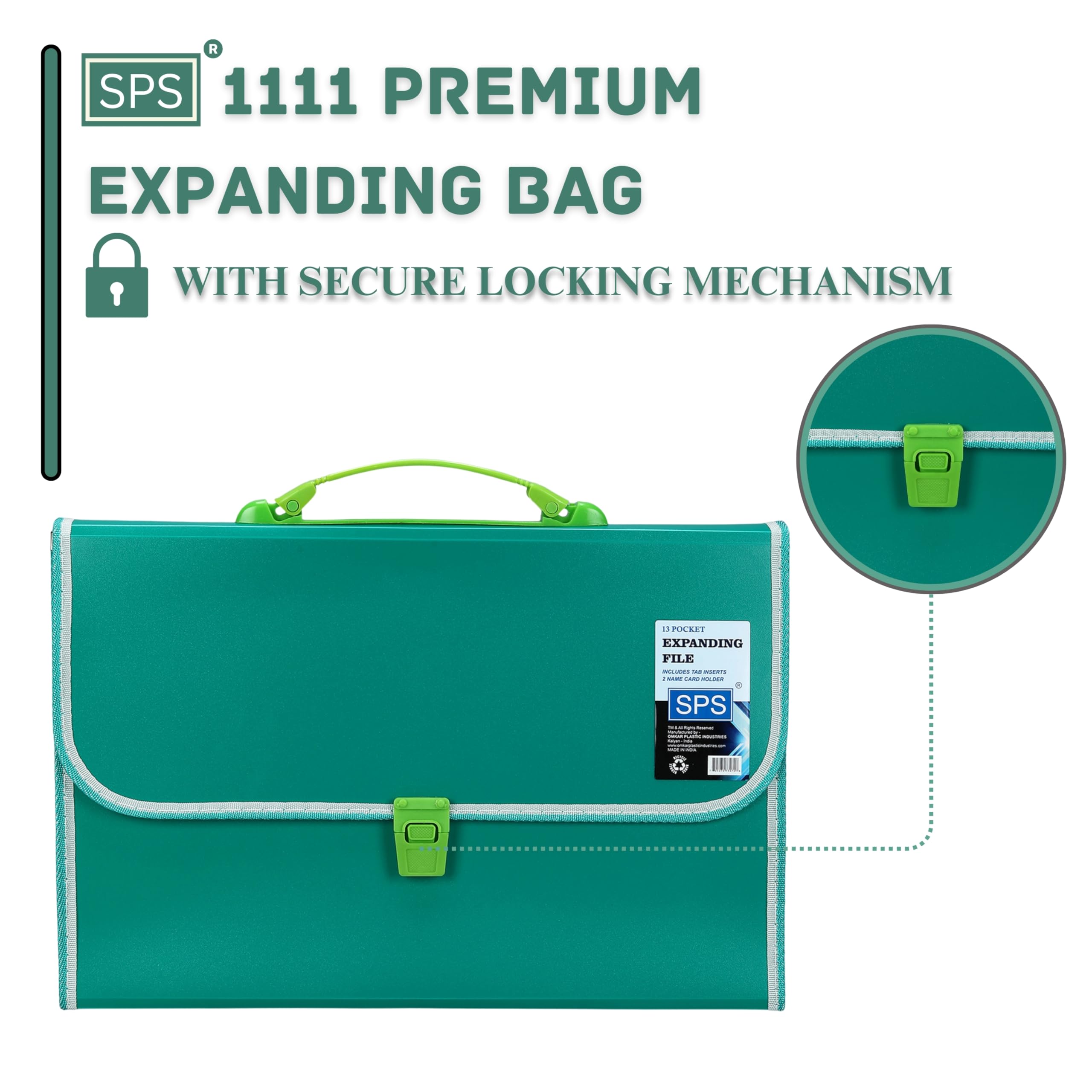 SPS 13 Pocket Expanding File Folder with Buckle Closure,Label Index and Handle for A4/Foolscap/Legal Documents (Green) — Amazon image 2