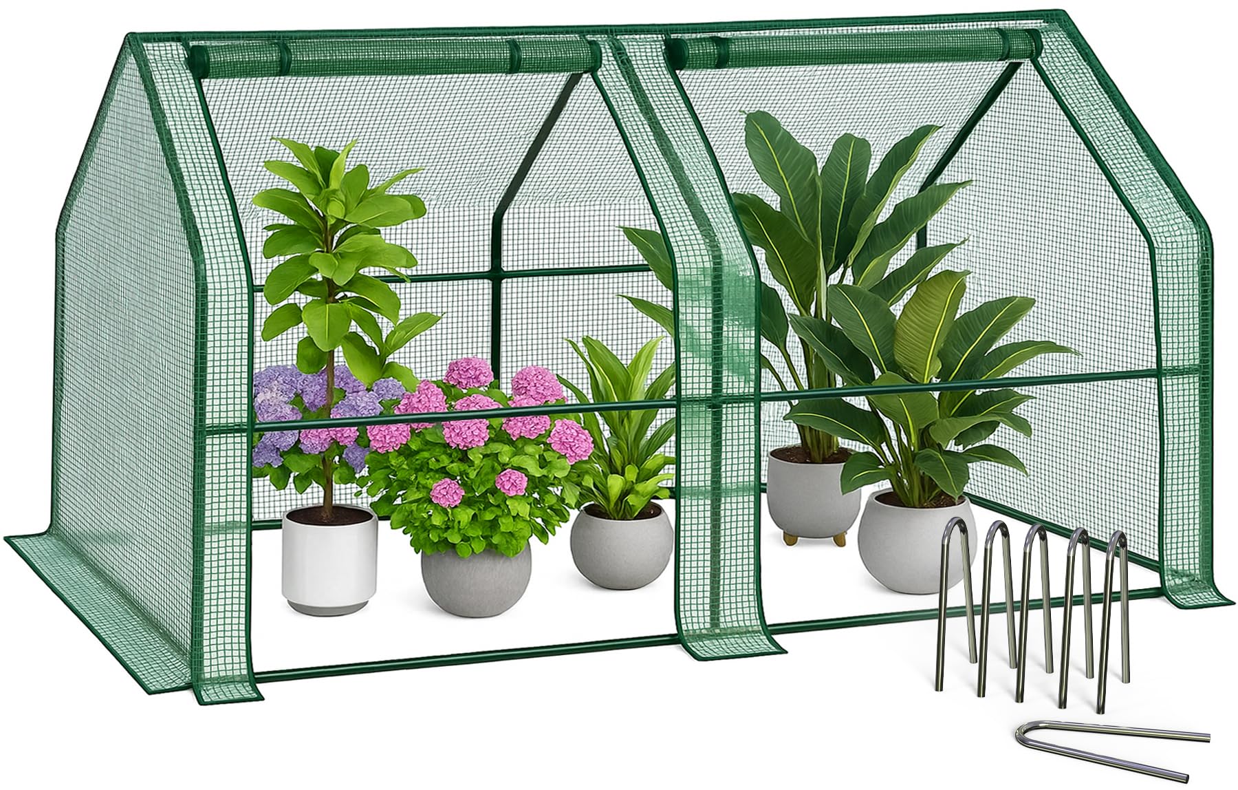 VOUNOT ® Mini Serre de Jardin à Toit Pointu avec 2 fenêtres avec Zip enroulables Bâche PE renforcée 135g/​m2 pour semis Plantes Fleurs légumes 180x90x90cm Vert