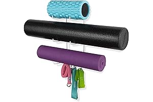 Wallniture Guru Wall Mount Yoga Mat Storage and Foam Roller Rack with Hooks