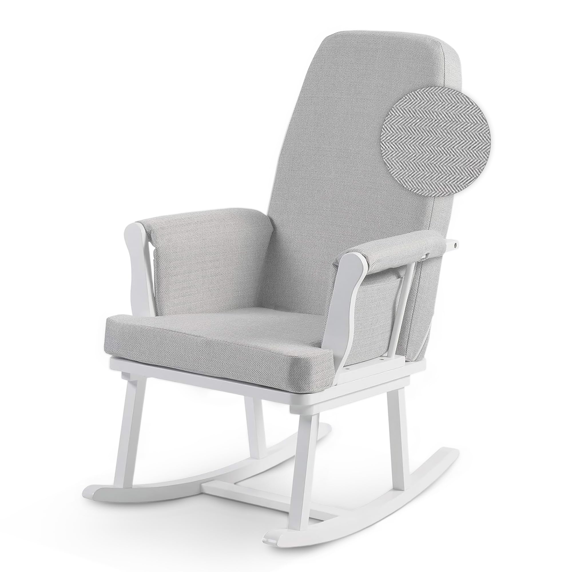 KUB Haldon - Sedia a dondolo compatta per allattamento, design salvaspazio, perfetta per piccoli asili, morbido tessuto effetto lino, tasche portaoggetti, certificazione di sicurezza (zigzag bianco e