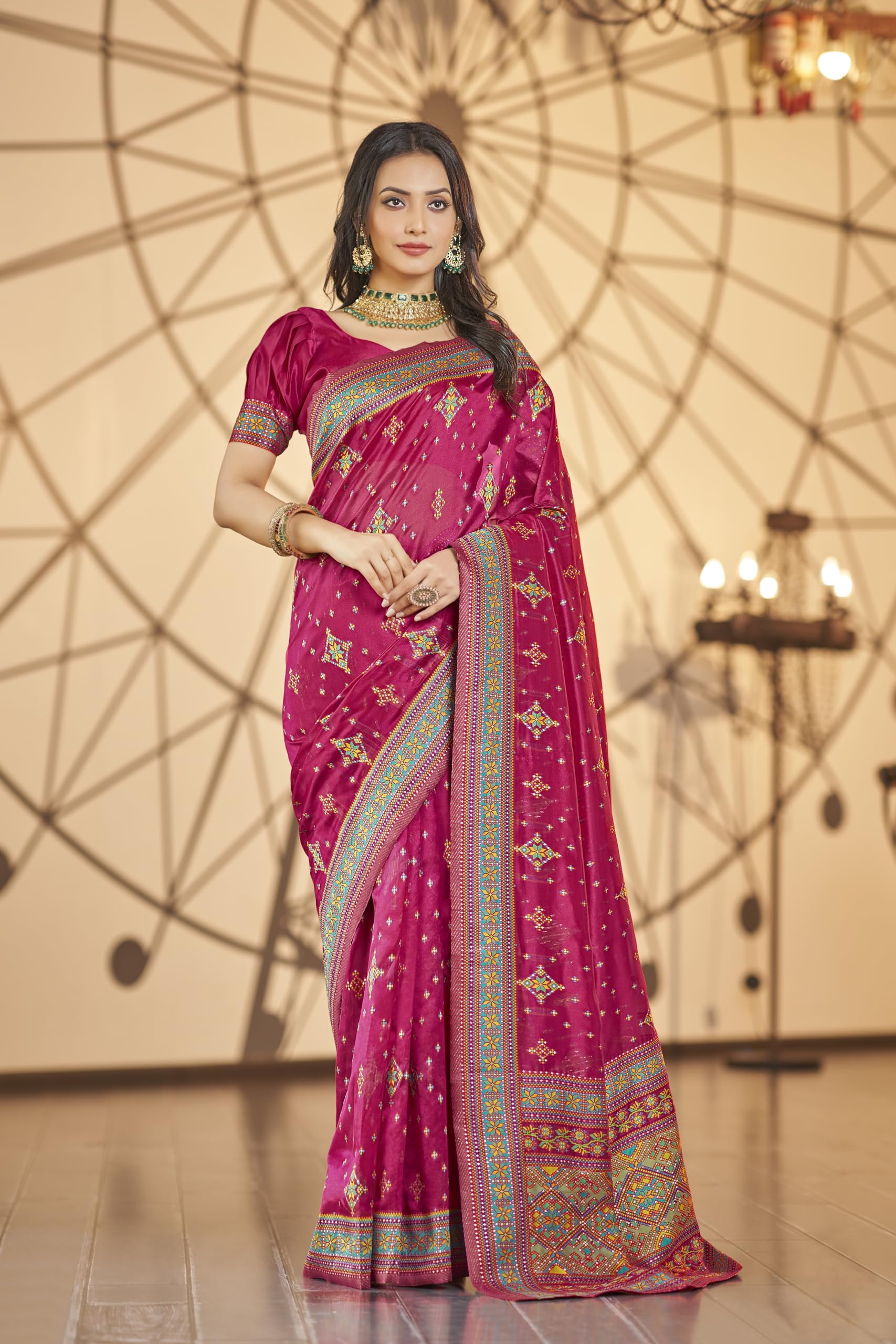 Glory Sarees Women's Kashmiri Pashmina Organza Silk Woven Saree With Blouse Piece (Heritage_Silk109_Rani)