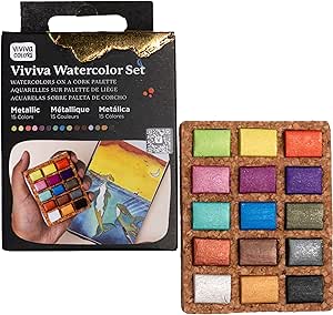 Viviva Aquarellfarben Set 15 Metallic - Korkpalette Für Unterwegs & Outdoor