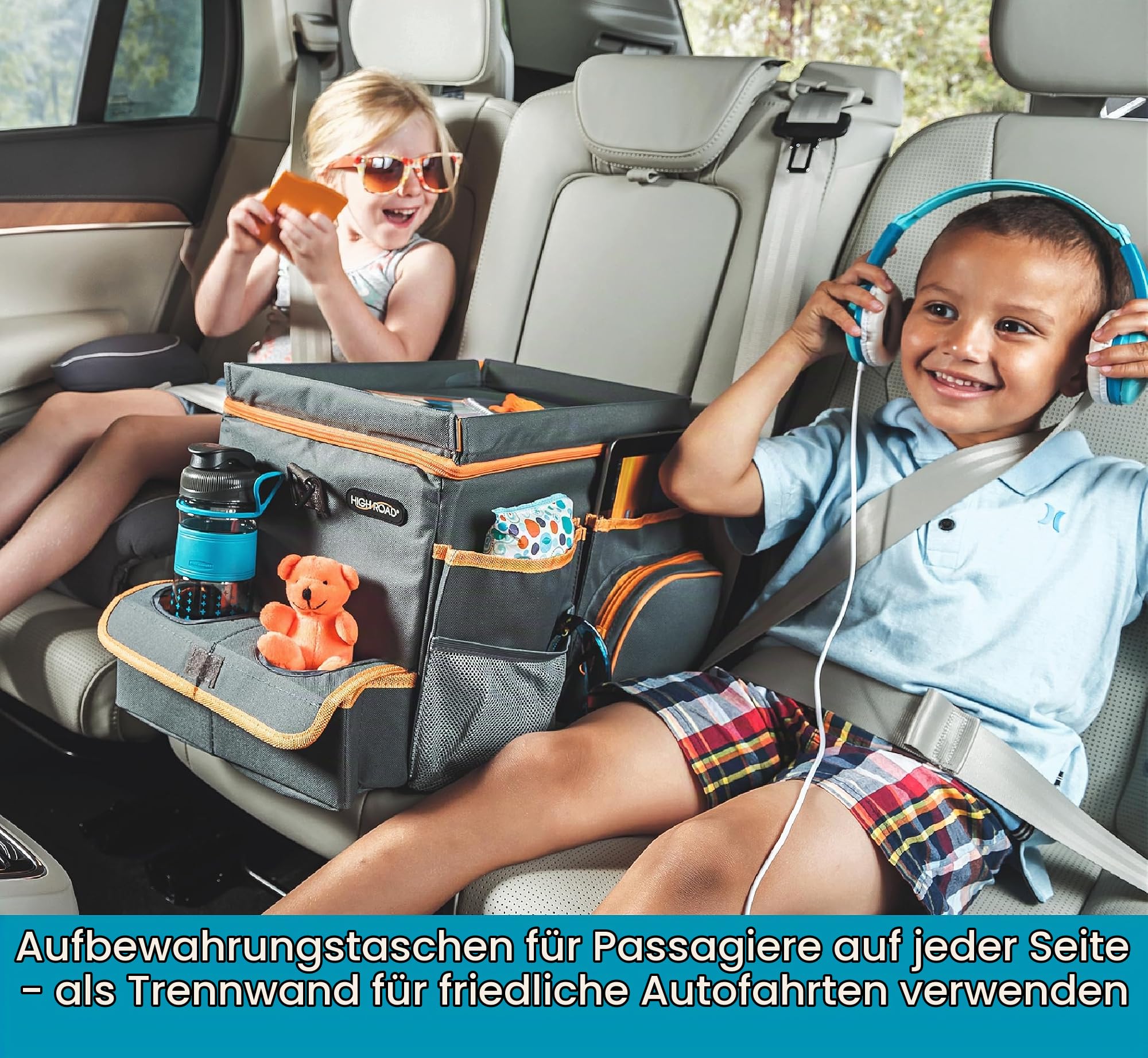 High Road CarHop Autositz-Organizer – Rücksitz-Organizer für Kinder oder Vordersitz-Organizer für Fahrer mit Getränkehaltern, Tablett, Seitentaschen und weichem Kühl- oder Ablagefach
